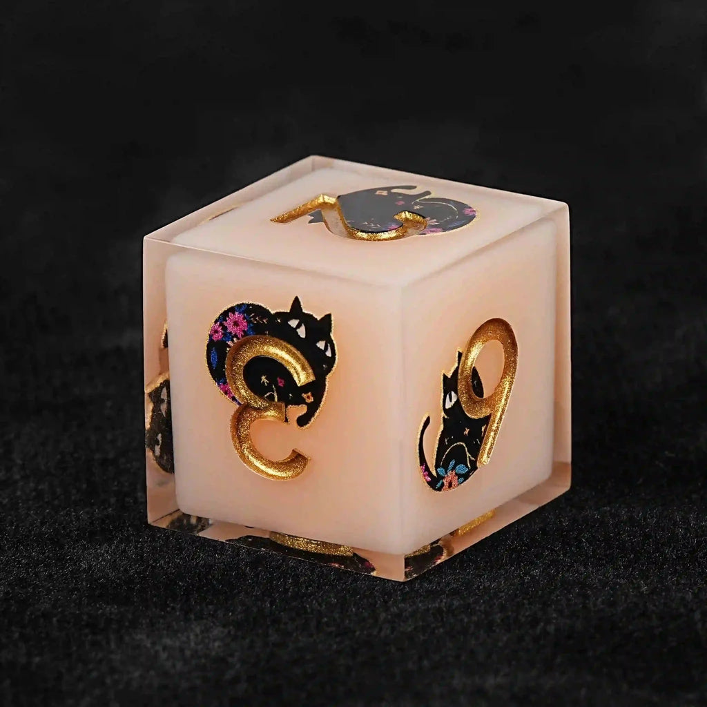 Handmade unique dice sets: Egyptian Pharaoh's black cat flower resin edge sharp dnd dice + gold font
