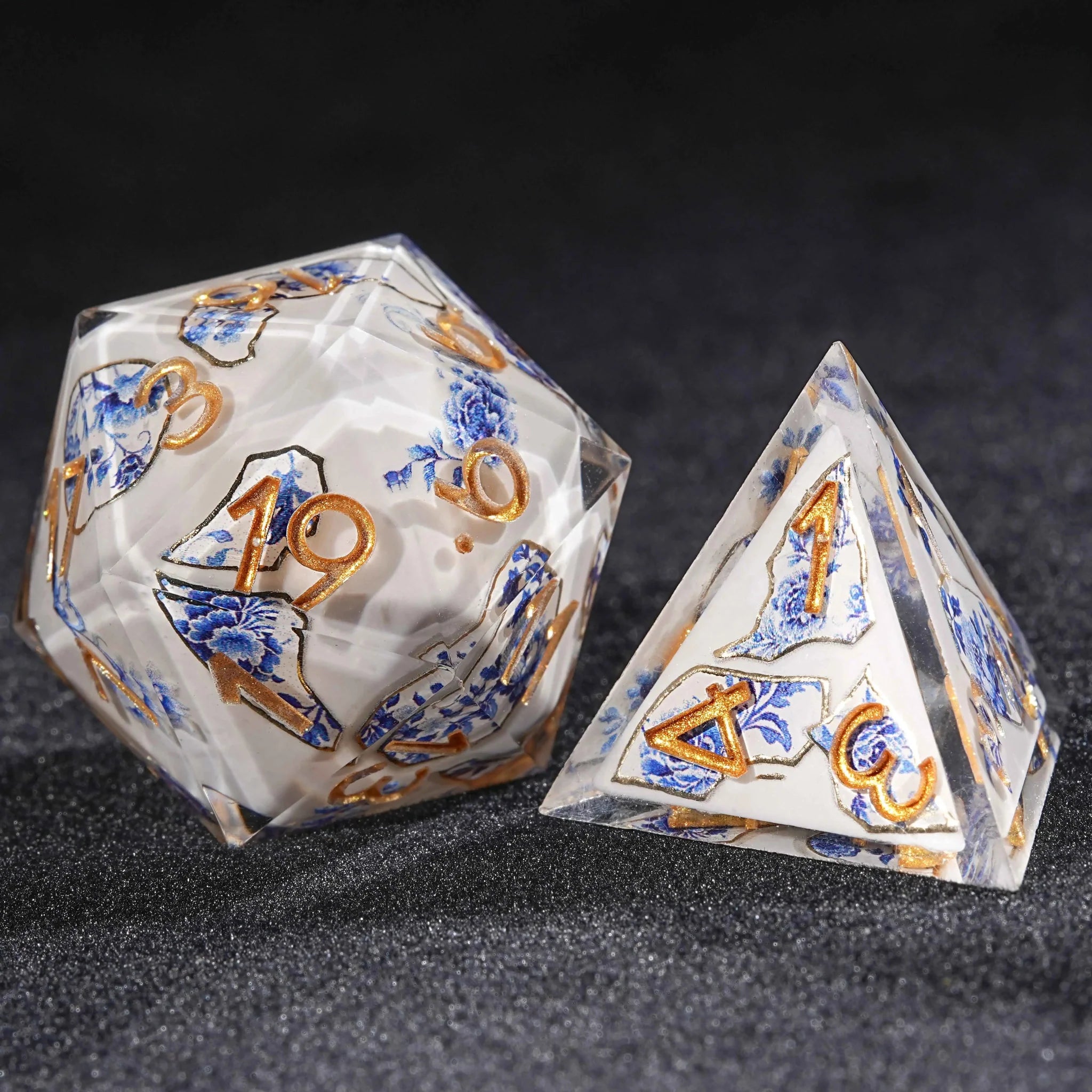 Oriental Charm - Transparent Resin Blue and White Porcelain Dice Set