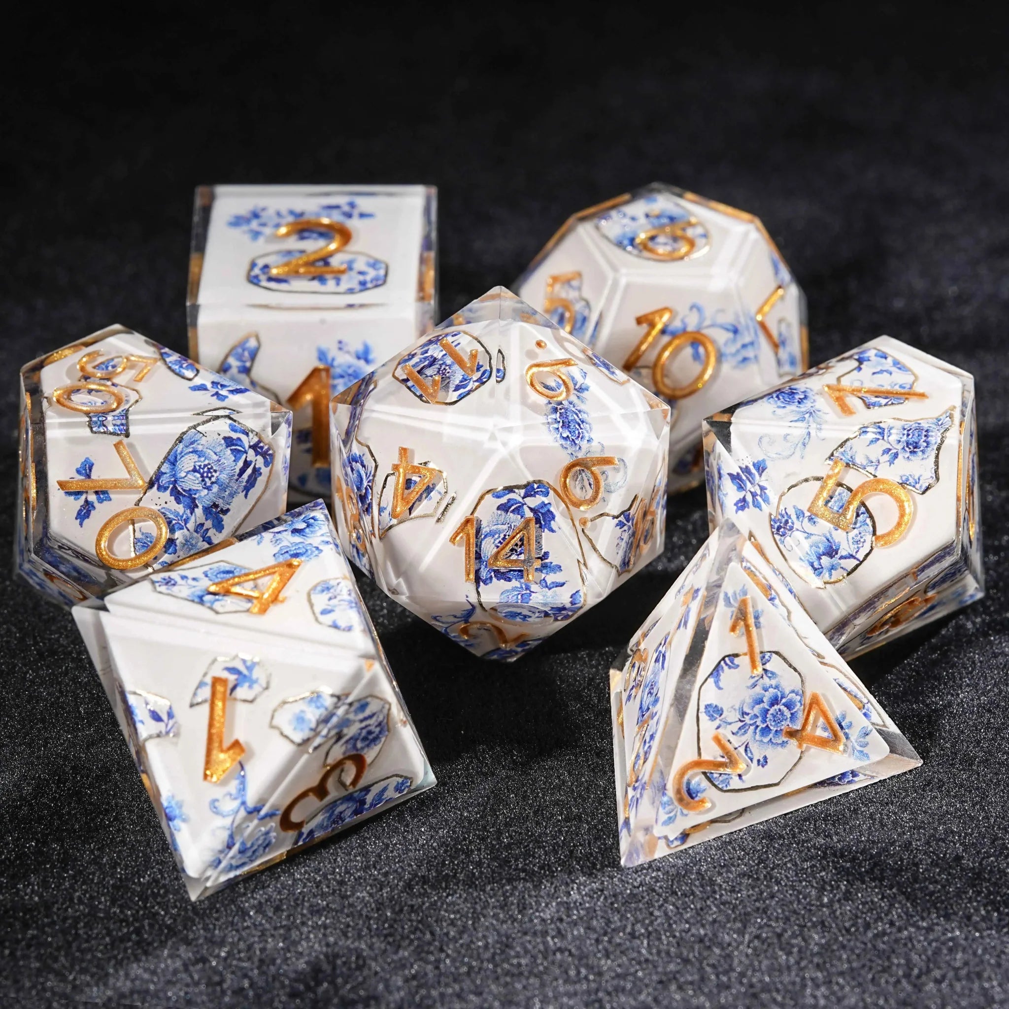 Oriental Charm - Transparent Resin Blue and White Porcelain Dice Set
