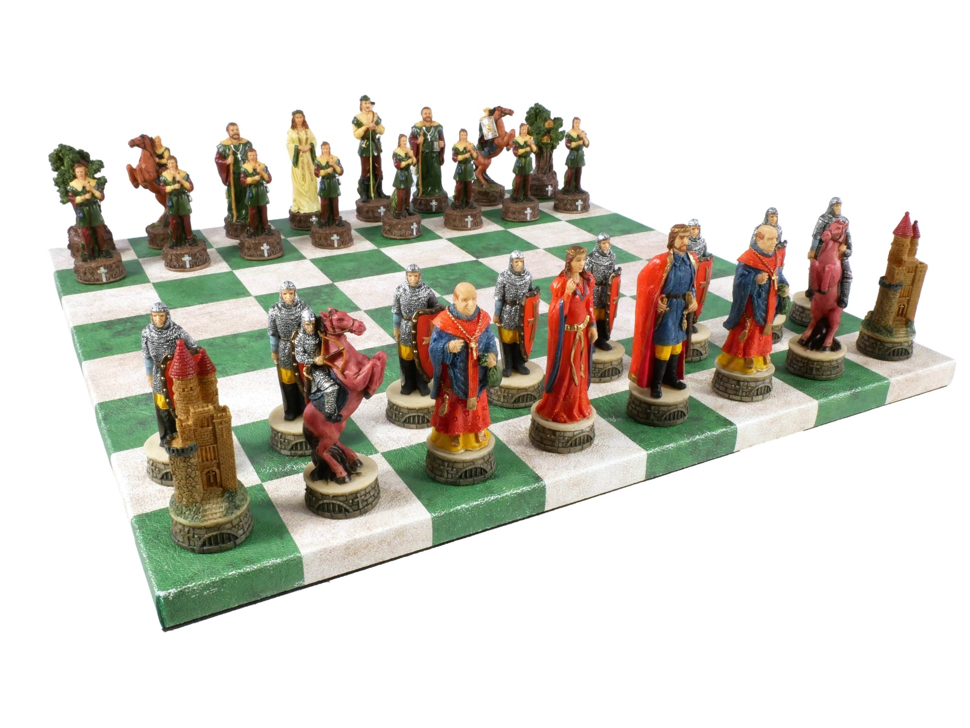 Chess Set - Robin Hood Chessmen on Green & Cream Faux Leatherette Chess Board - 