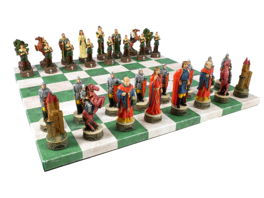 Chess Set - Robin Hood Chessmen on Green & Cream Faux Leatherette Chess Board - 