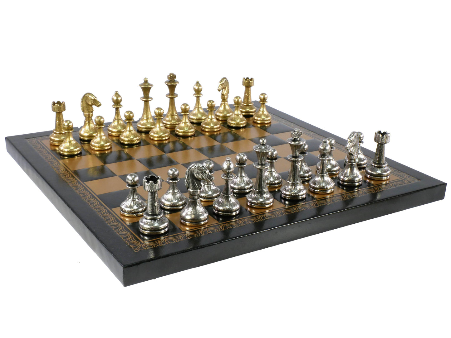 Chess Set - Small Staunton Metal Men on Leatherette Board - 