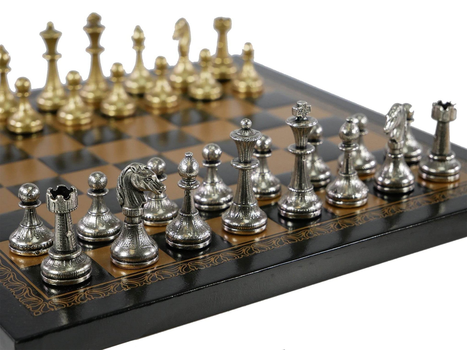 Chess Set - Small Staunton Metal Men on Leatherette Board - 