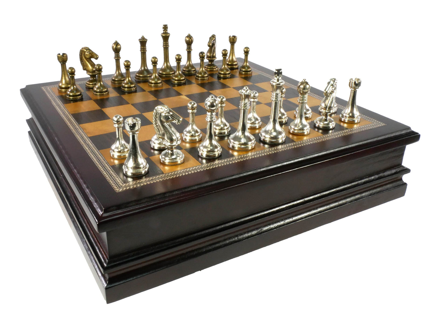 Chess Set - Metal Staunton Chessmen in Wood Chest - 