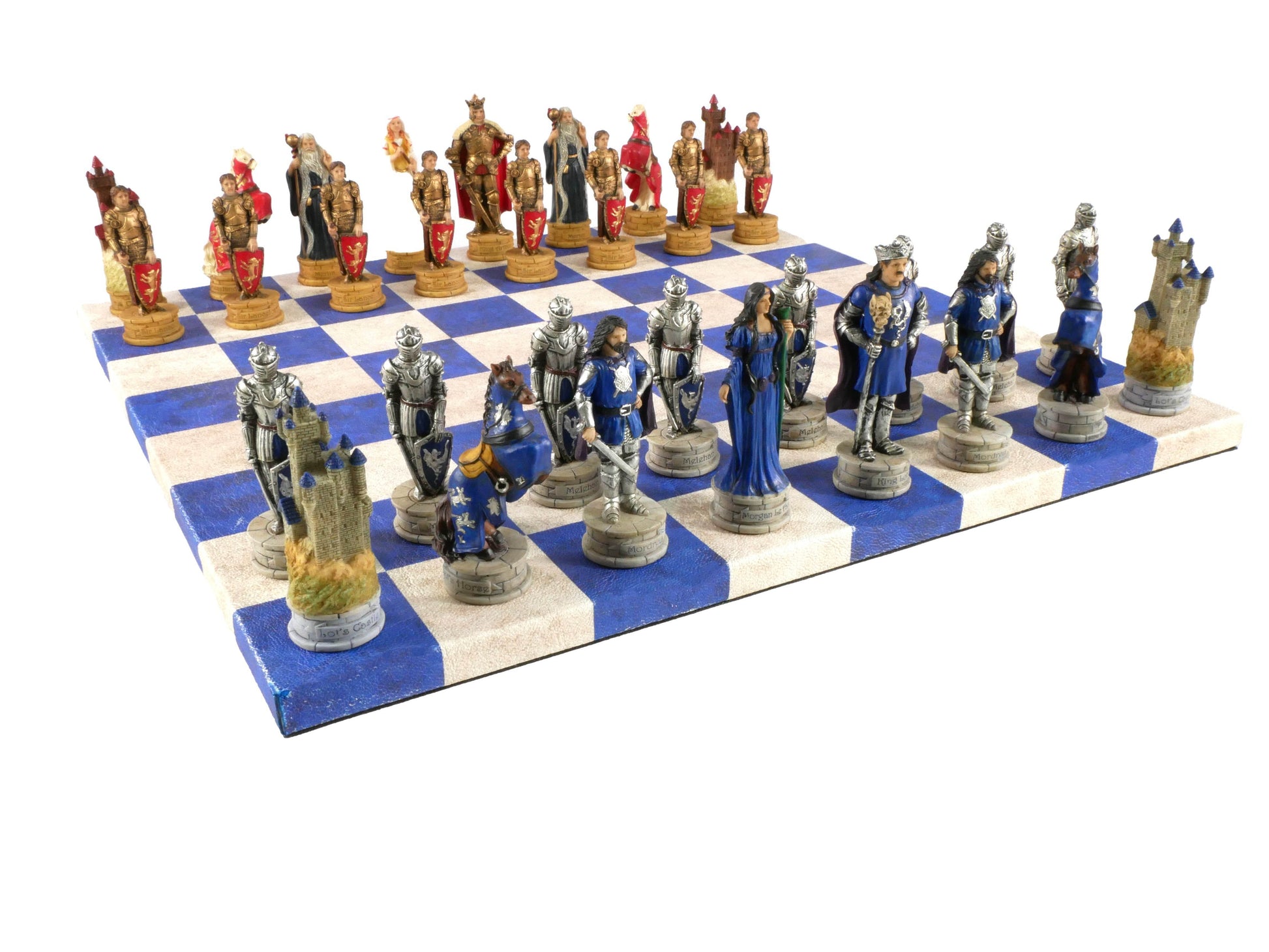 Chess Set - King Arthur Resin Chessmen on Blue & Cream Faux Leatherette Chess Board - 