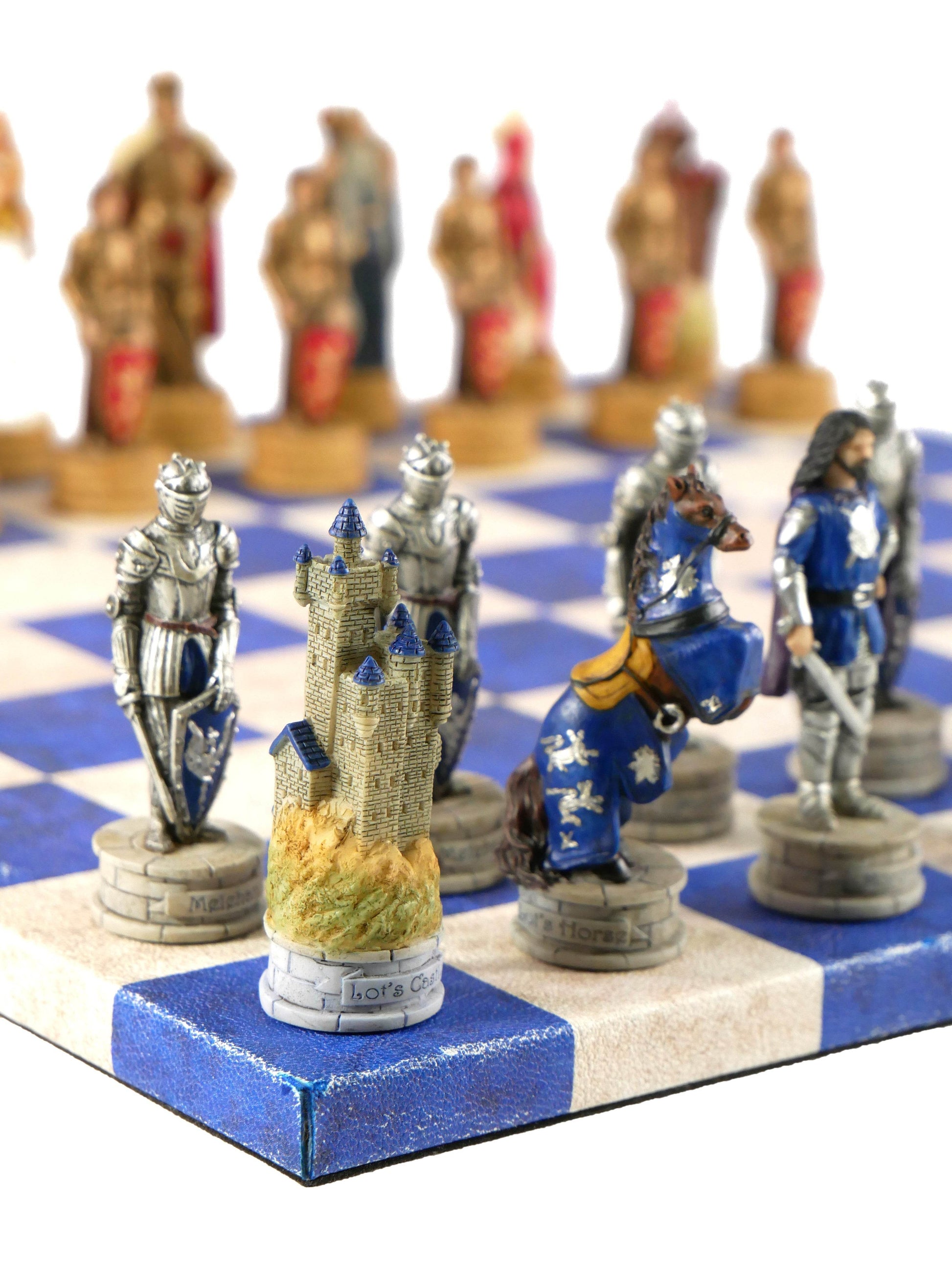 Chess Set - King Arthur Resin Chessmen on Blue & Cream Faux Leatherette Chess Board - 
