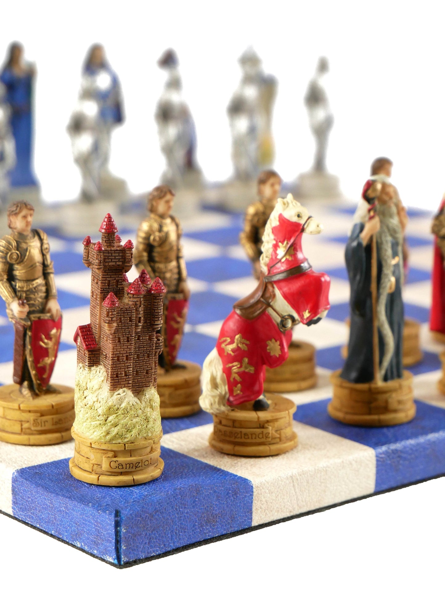 Chess Set - King Arthur Resin Chessmen on Blue & Cream Faux Leatherette Chess Board - 