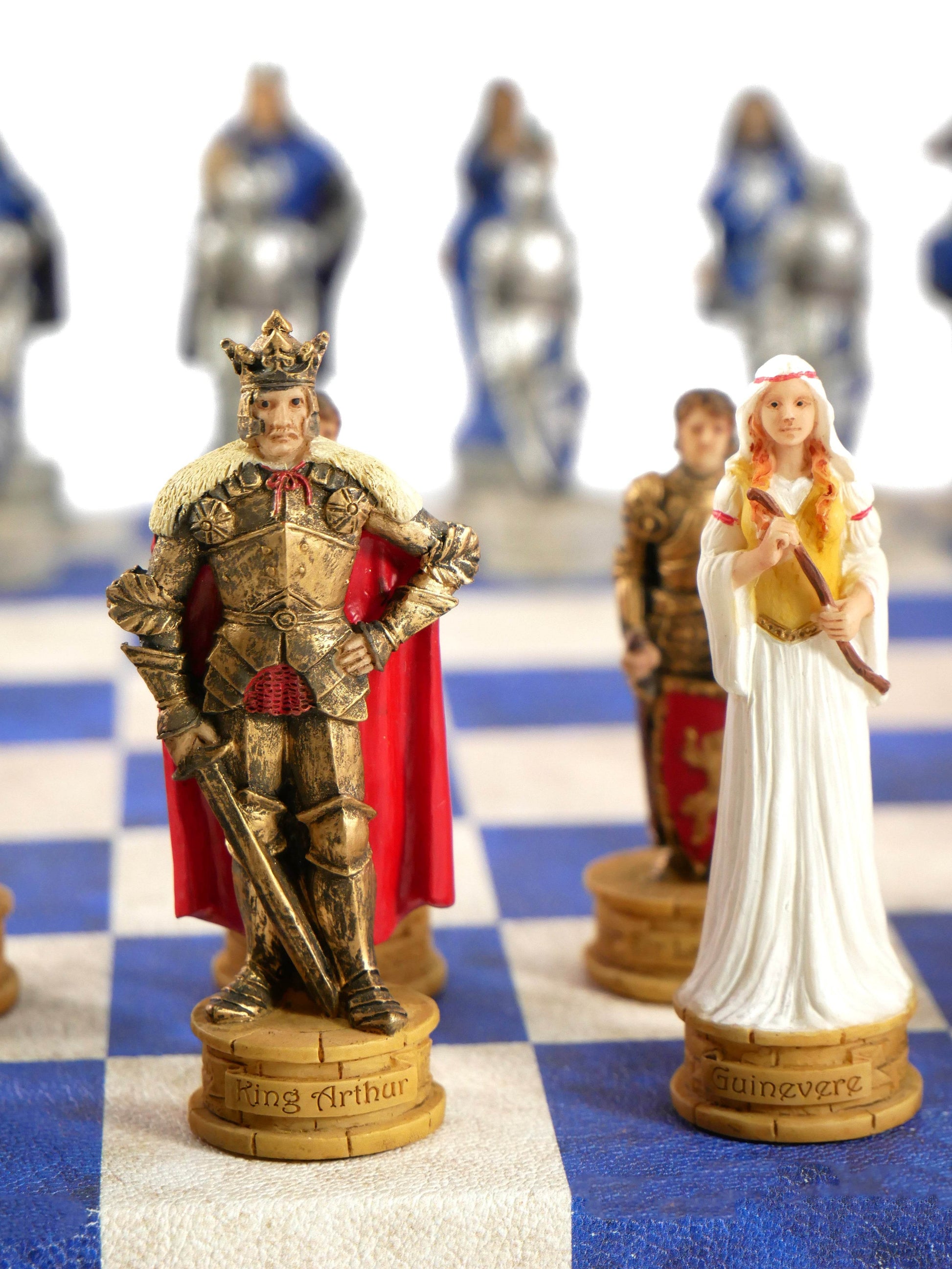 Chess Set - King Arthur Resin Chessmen on Blue & Cream Faux Leatherette Chess Board - 
