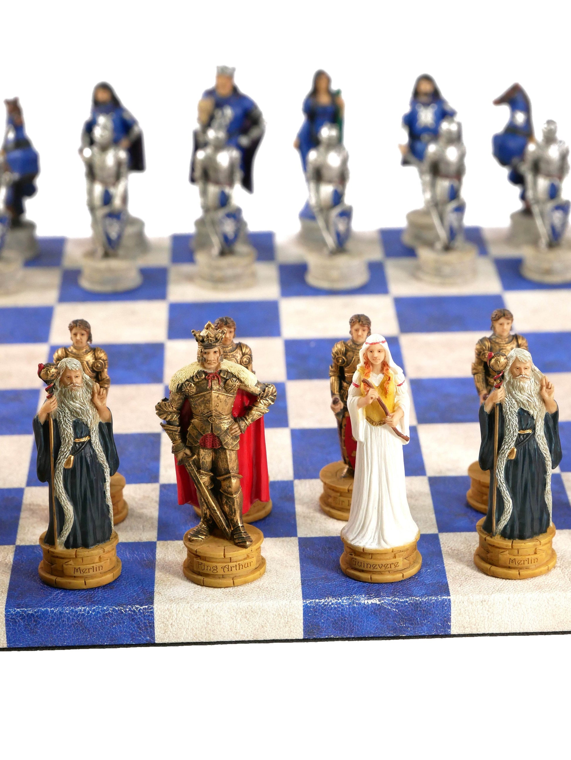Chess Set - King Arthur Resin Chessmen on Blue & Cream Faux Leatherette Chess Board - 