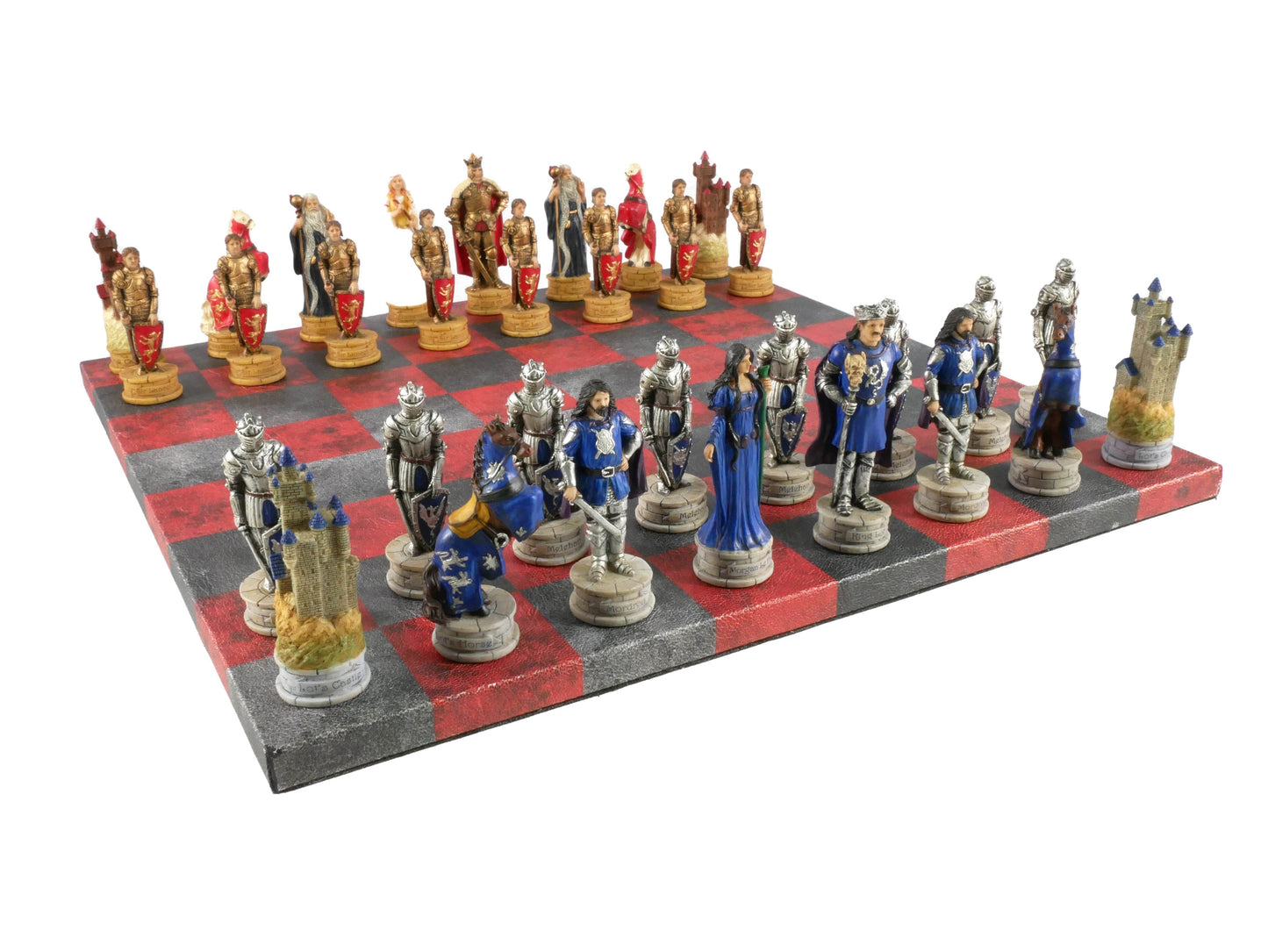 Chess Set - King Arthur Resin Chessmen on Red & Dusky Black Faux Leatherette Chess Board - 