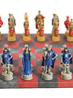 Chess Set - King Arthur Resin Chessmen on Red & Dusky Black Faux Leatherette Chess Board - 