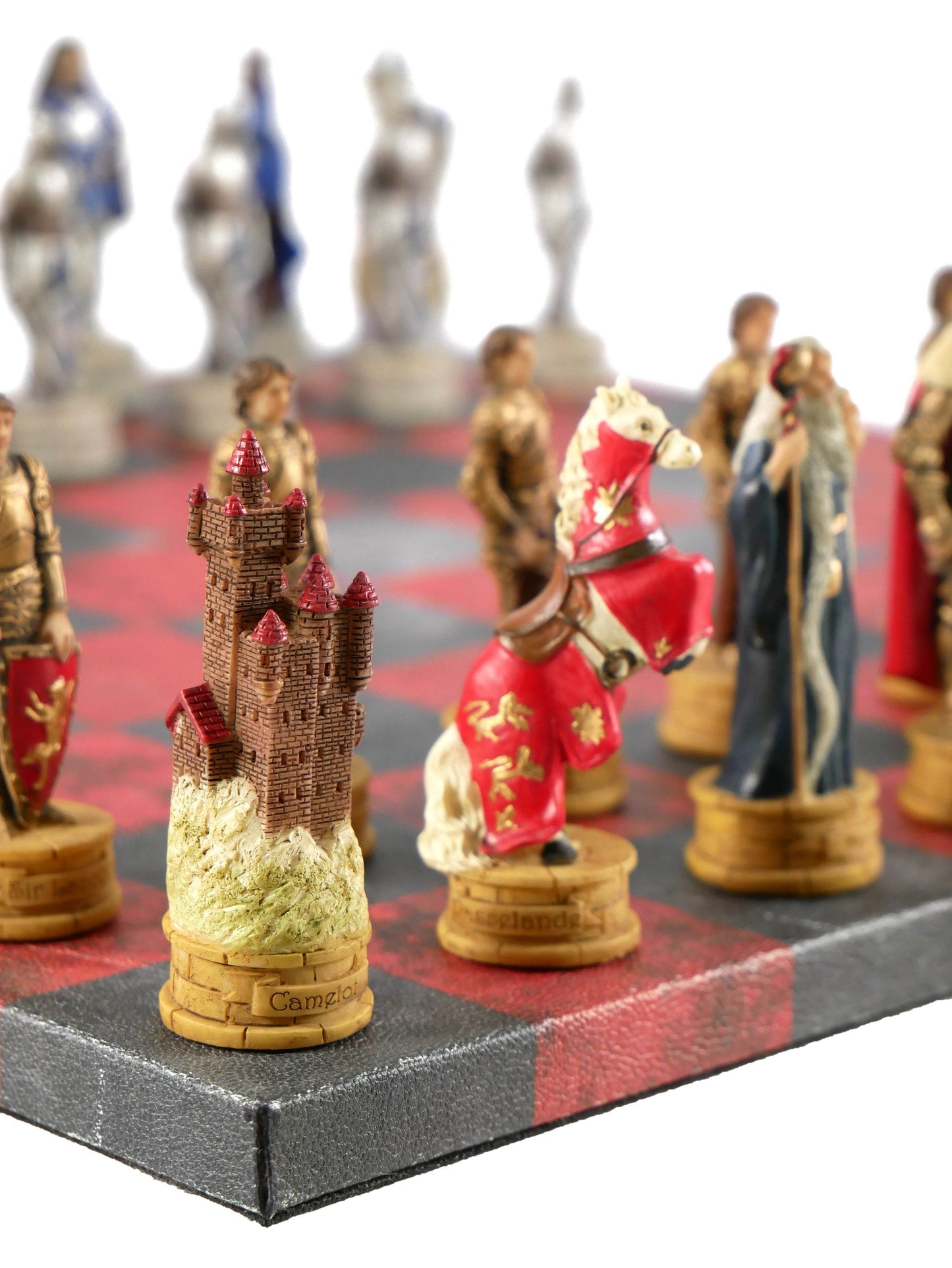 Chess Set - King Arthur Resin Chessmen on Red & Dusky Black Faux Leatherette Chess Board - 