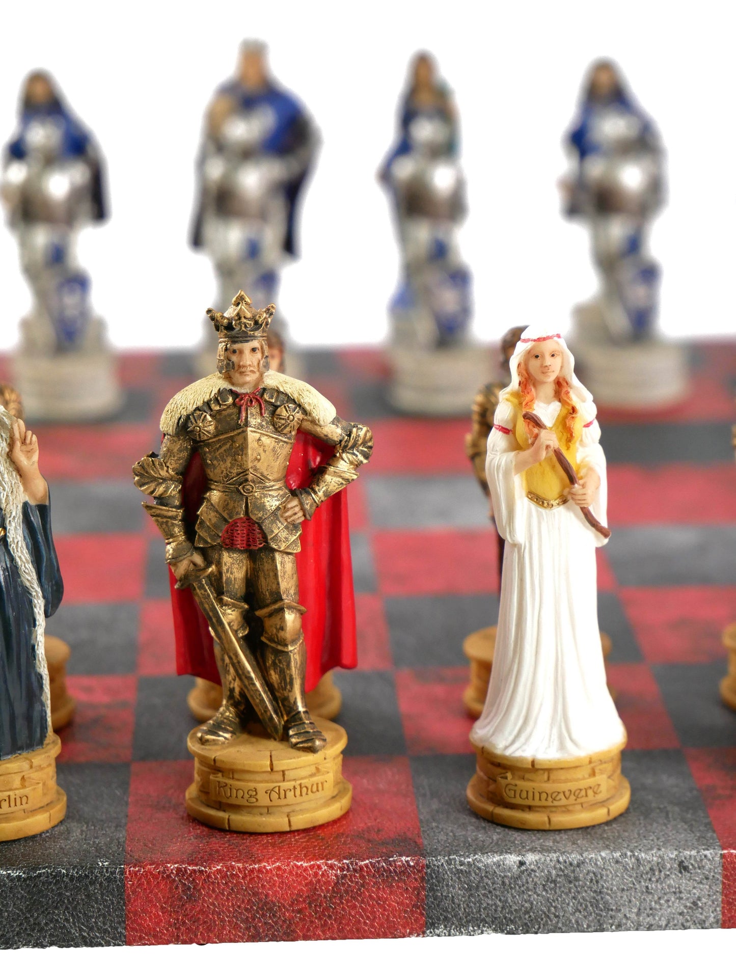 Chess Set - King Arthur Resin Chessmen on Red & Dusky Black Faux Leatherette Chess Board - 