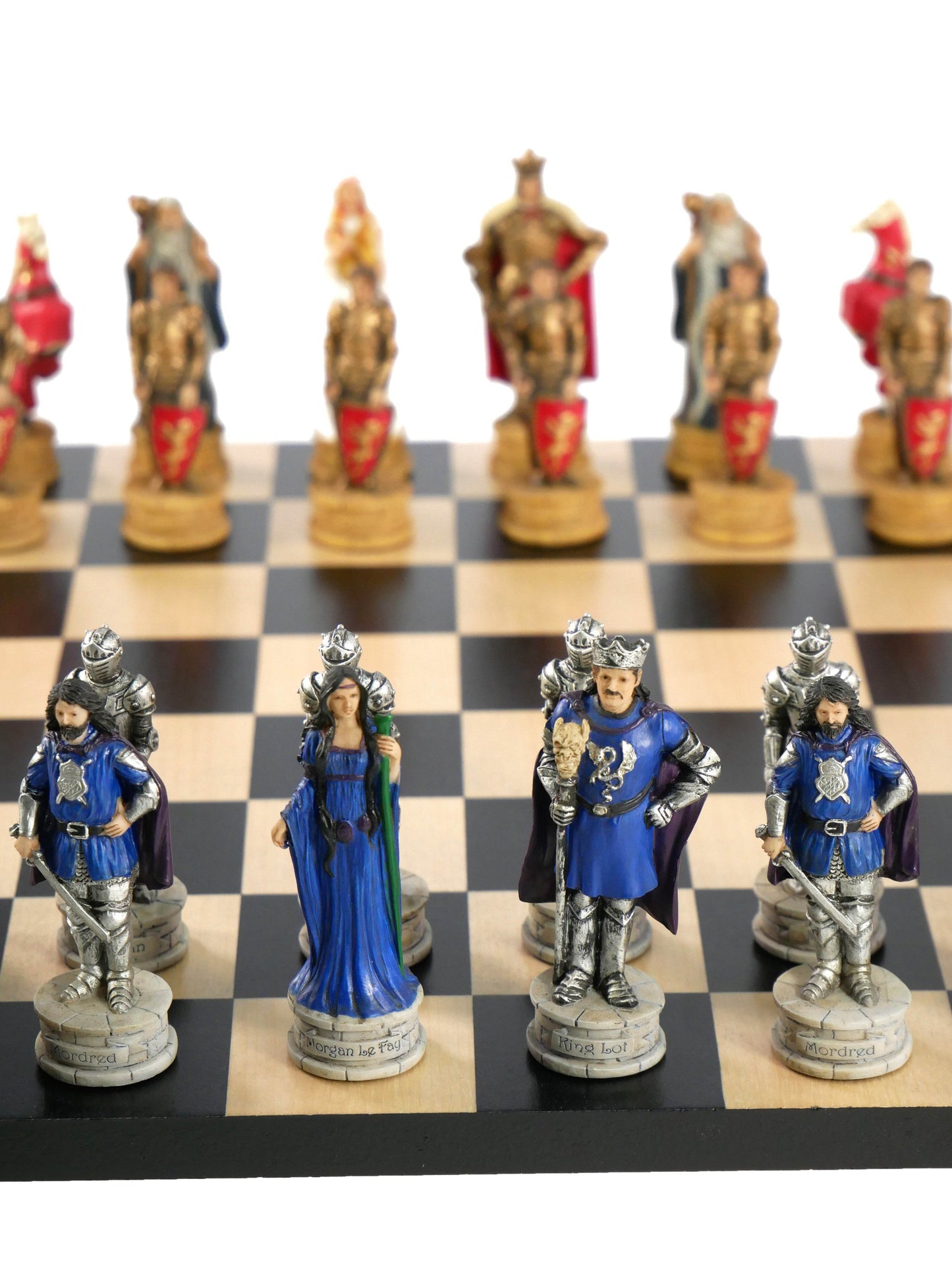 Chess Set - King Arthur Resin Chessmen on Black/Maple Chess Board - 