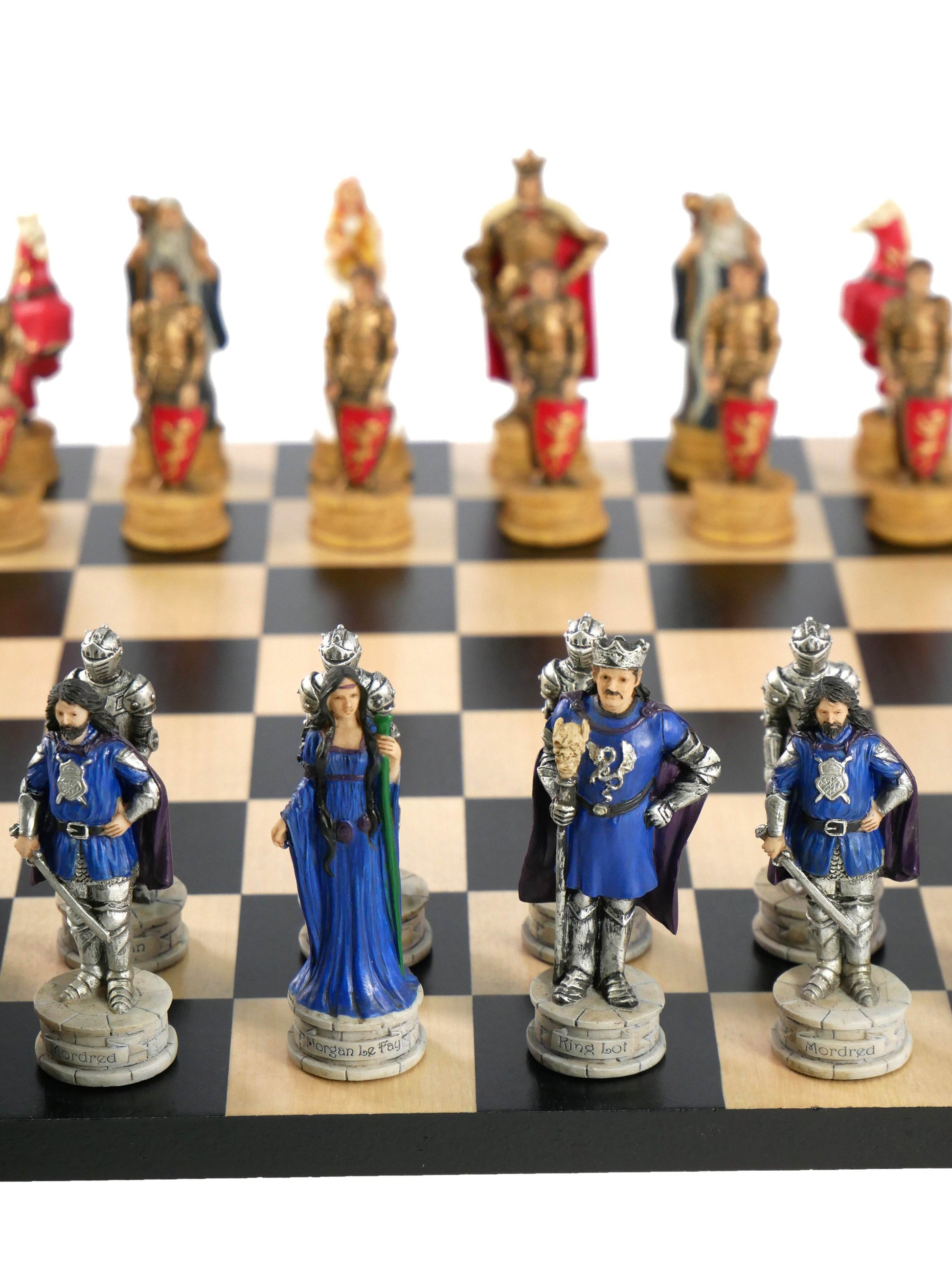 Chess Set - King Arthur Resin Chessmen on Black/Maple Chess Board - 