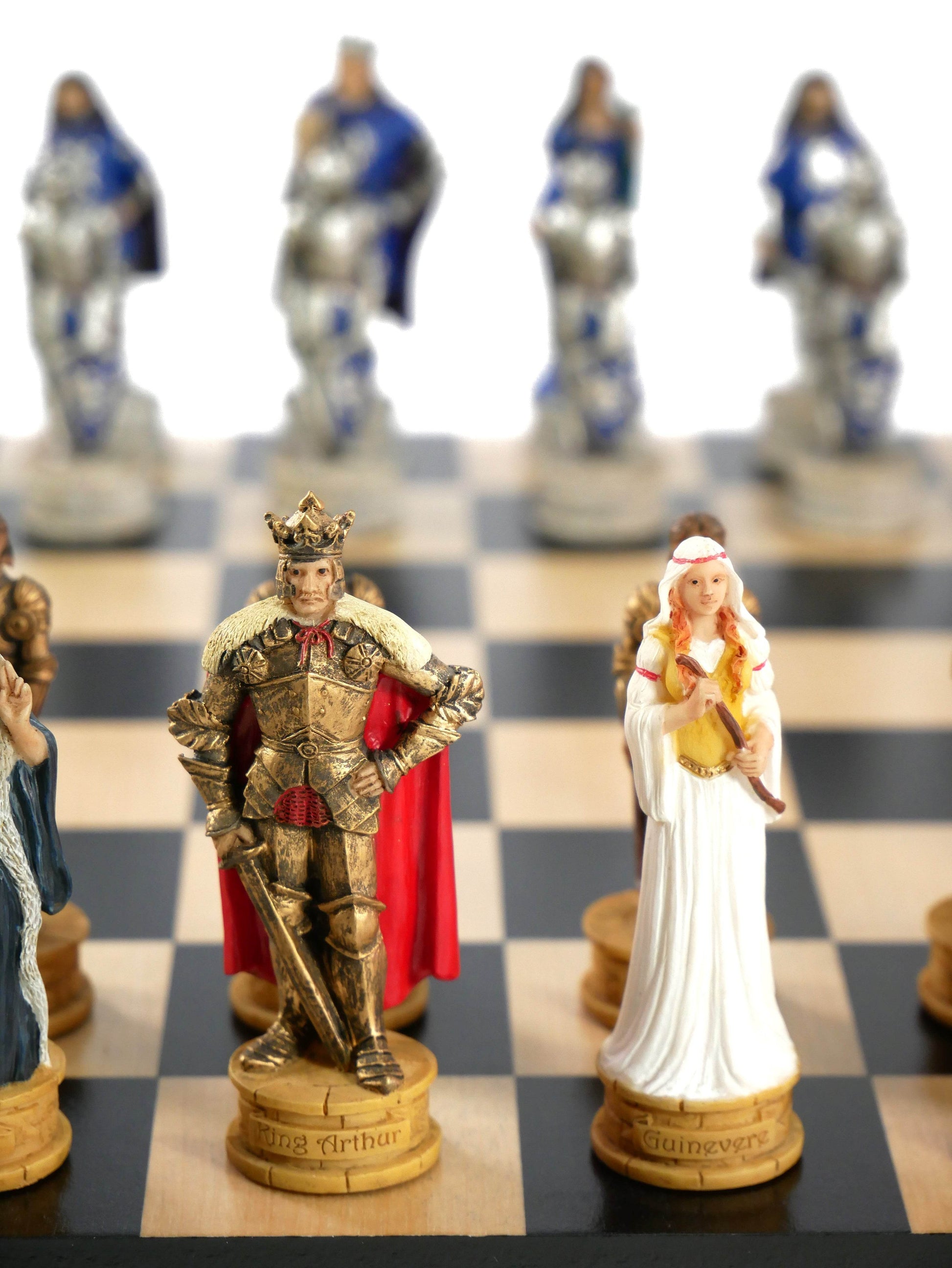 Chess Set - King Arthur Resin Chessmen on Black/Maple Chess Board - 