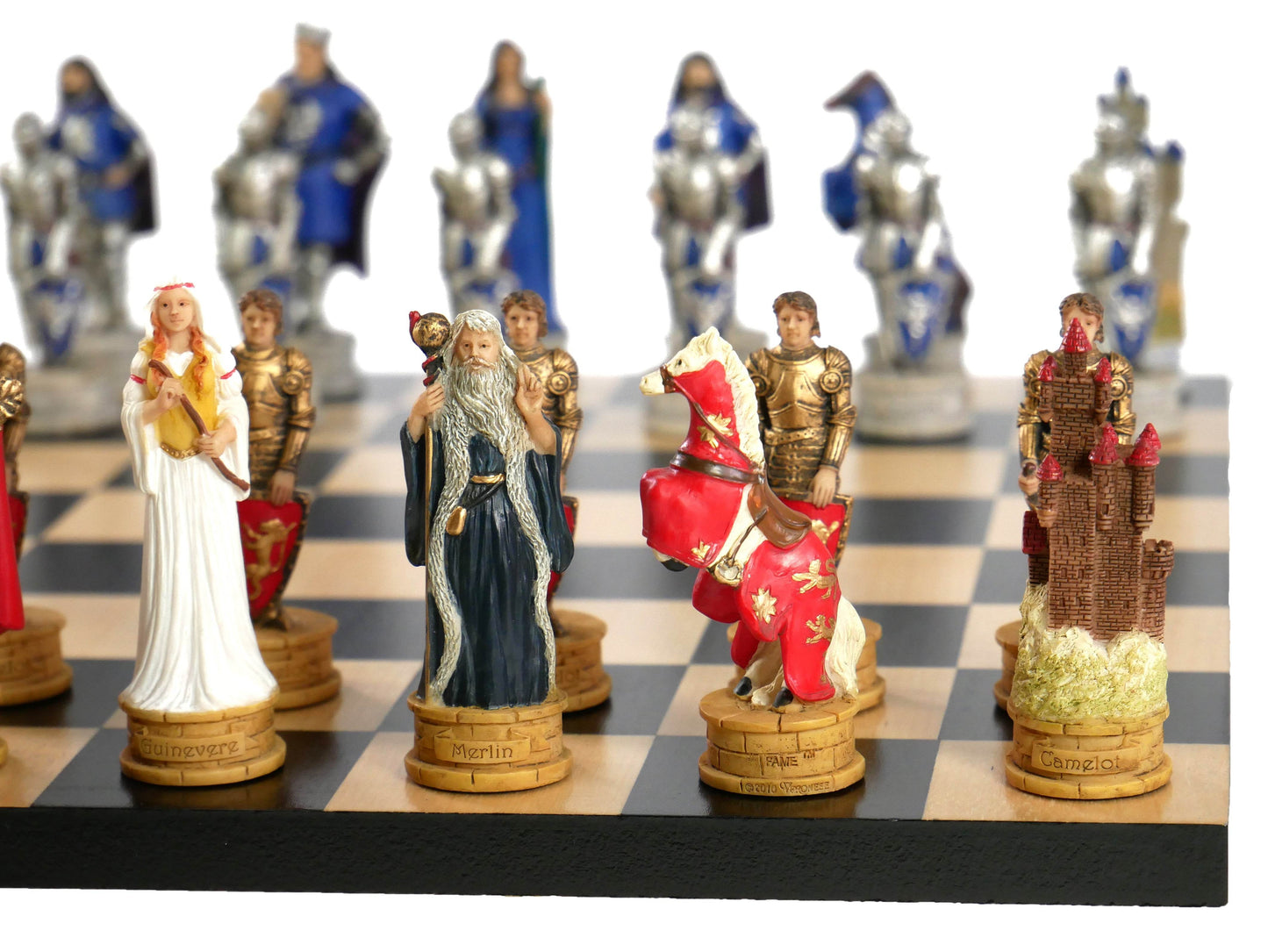 Chess Set - King Arthur Resin Chessmen on Black/Maple Chess Board - 