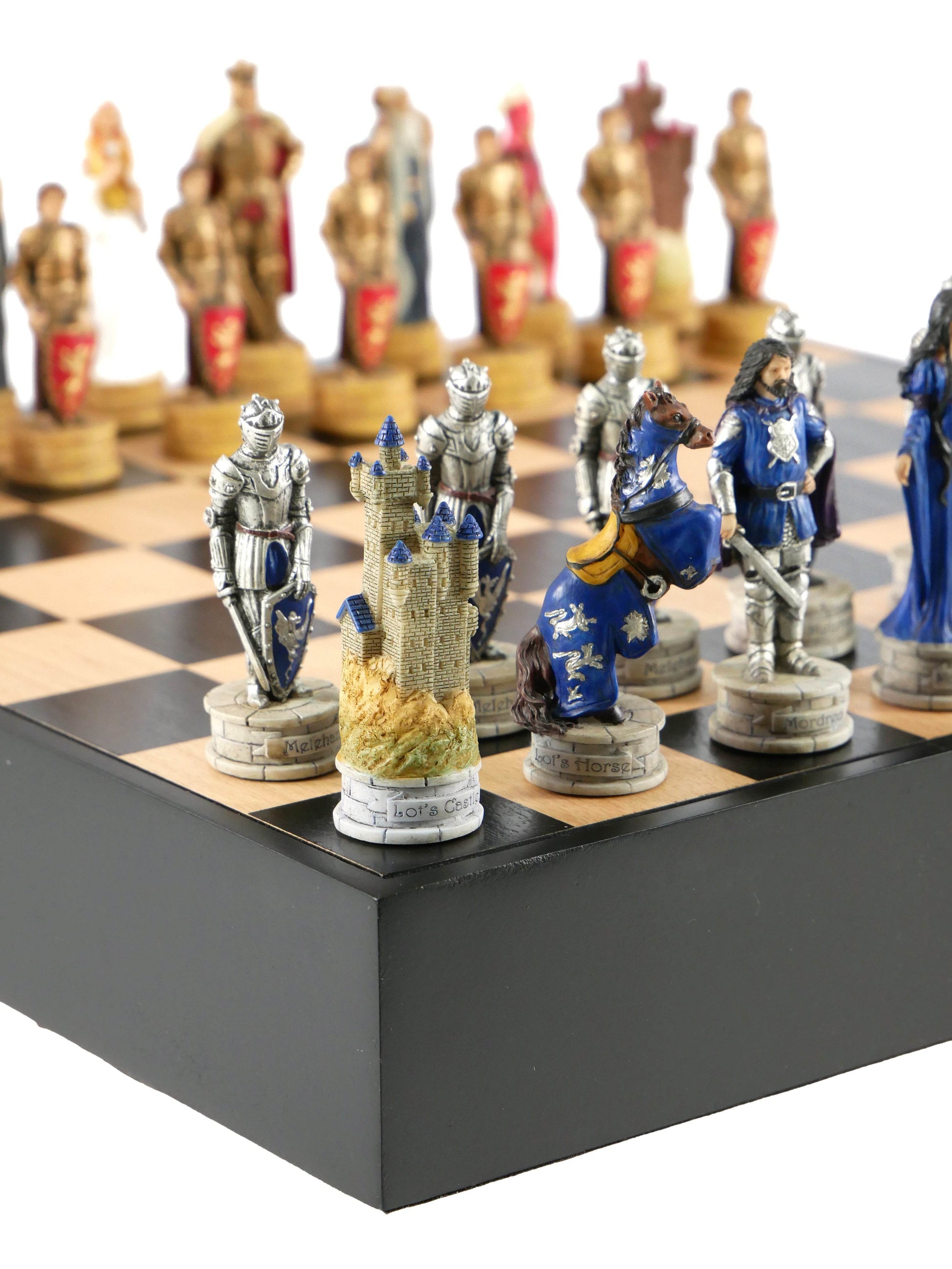 Chess Set - King Arthur Resin Chessmen in Black/Maple Chest - 