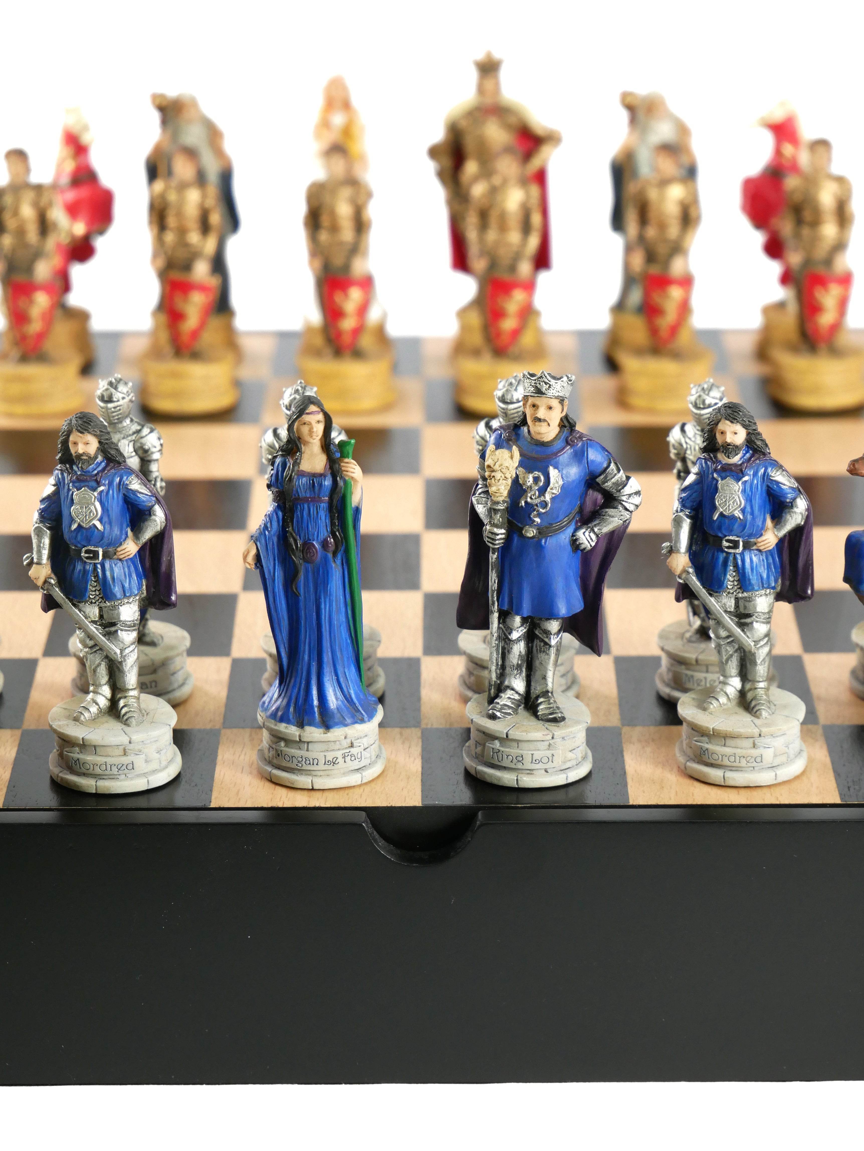 Chess Set - King Arthur Resin Chessmen in Black/Maple Chest - 
