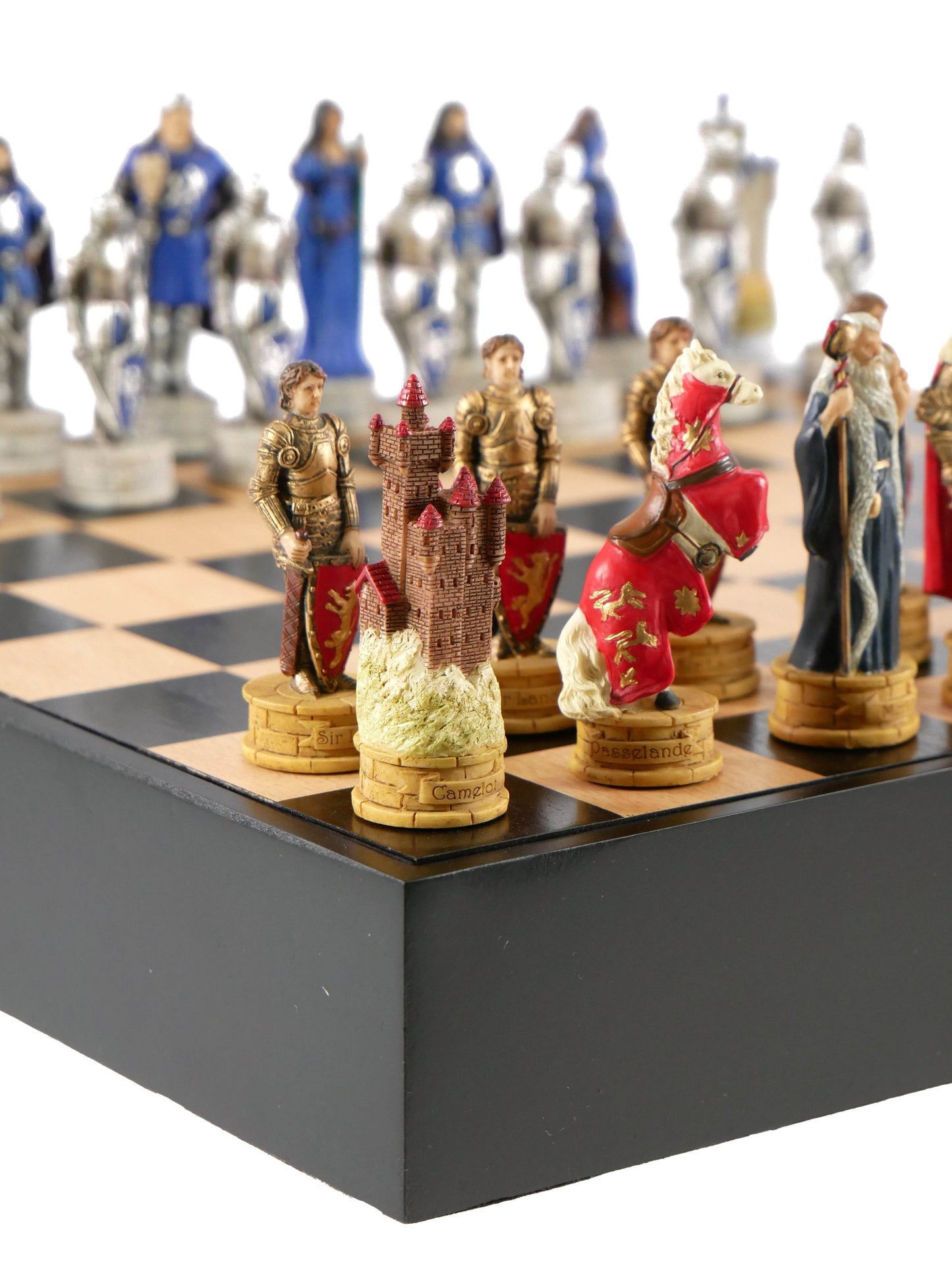 Chess Set - King Arthur Resin Chessmen in Black/Maple Chest - 