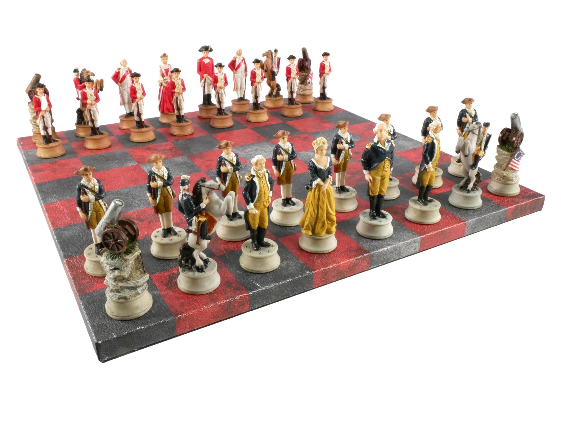 Chess Set - Painted Resin American Revolution Pieces on Red & Dusky Black Faux Leatherette Chess Board - 