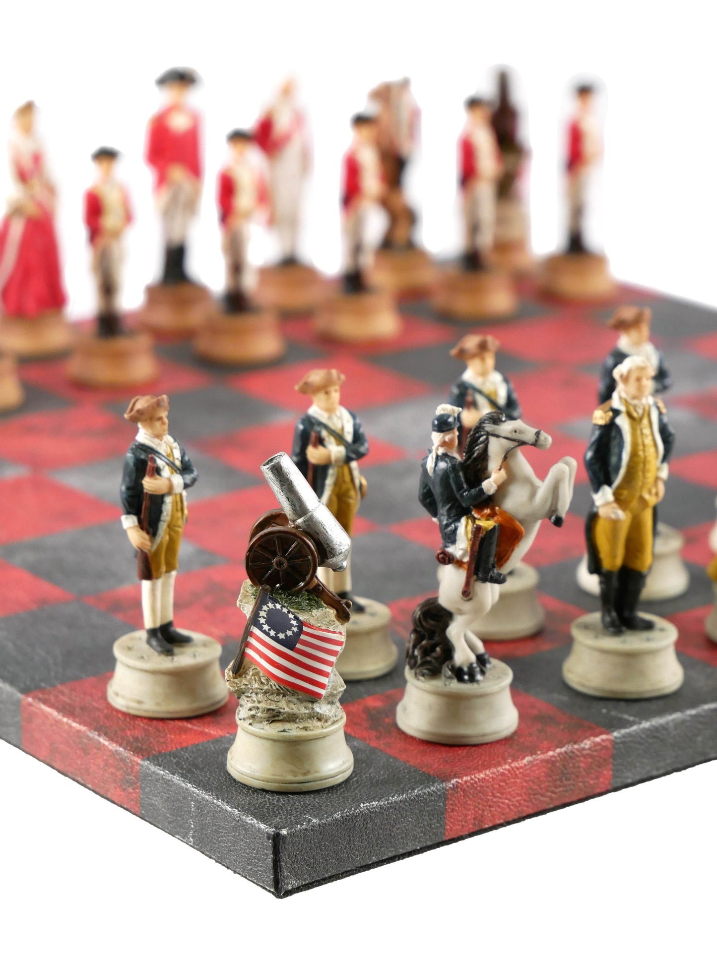 Chess Set - Painted Resin American Revolution Pieces on Red & Dusky Black Faux Leatherette Chess Board - 