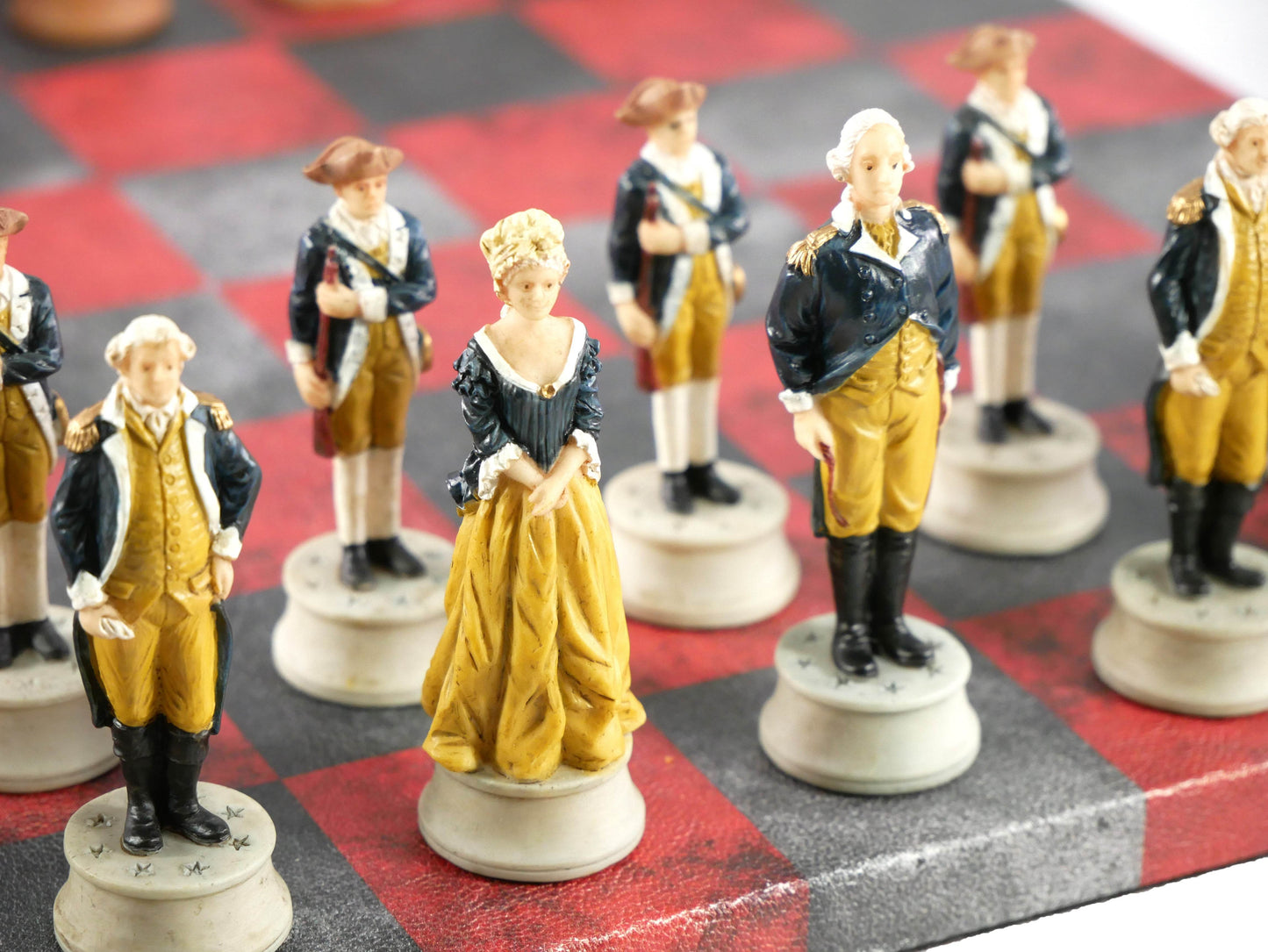 Chess Set - Painted Resin American Revolution Pieces on Red & Dusky Black Faux Leatherette Chess Board - 