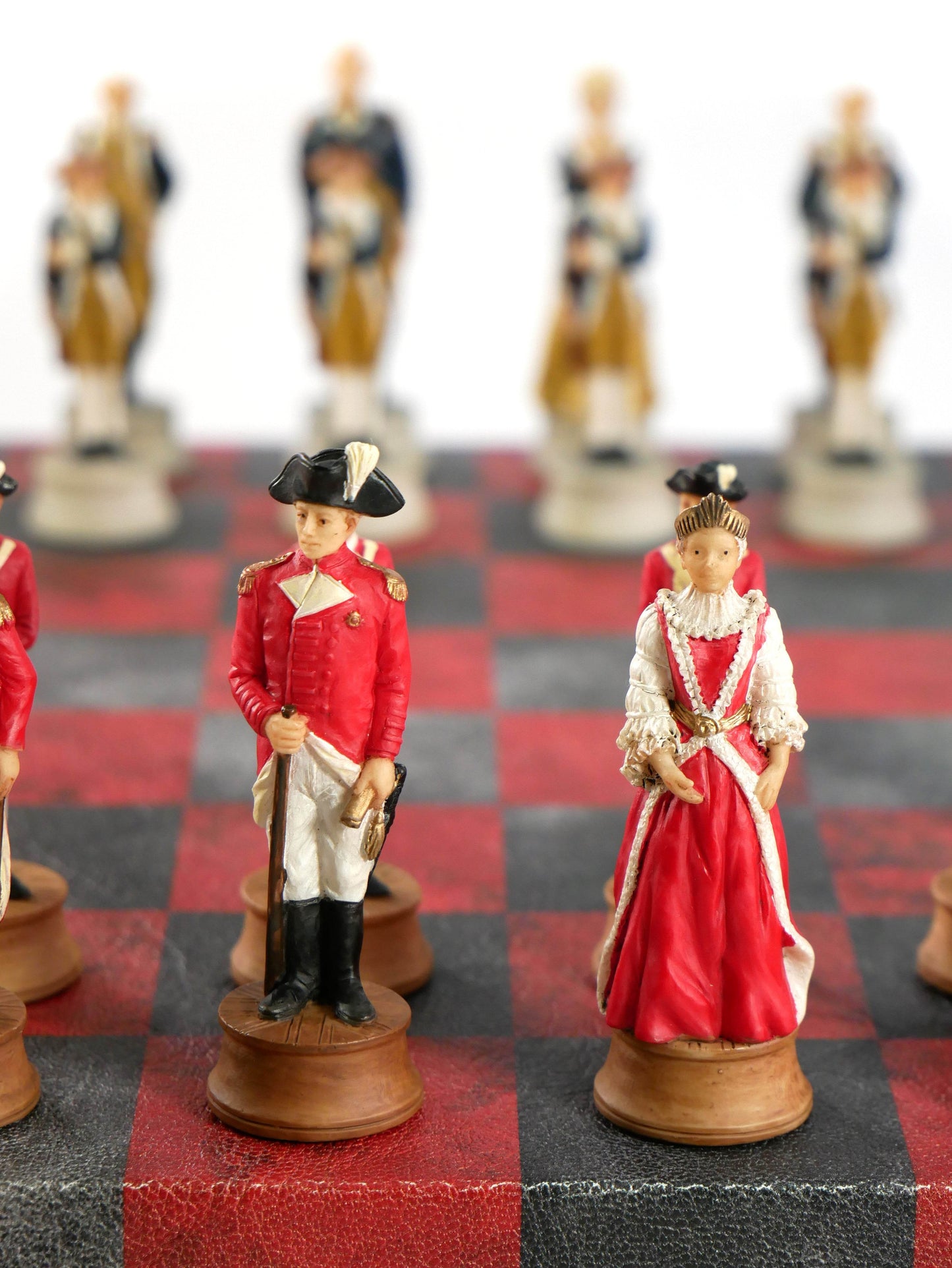 Chess Set - Painted Resin American Revolution Pieces on Red & Dusky Black Faux Leatherette Chess Board - 