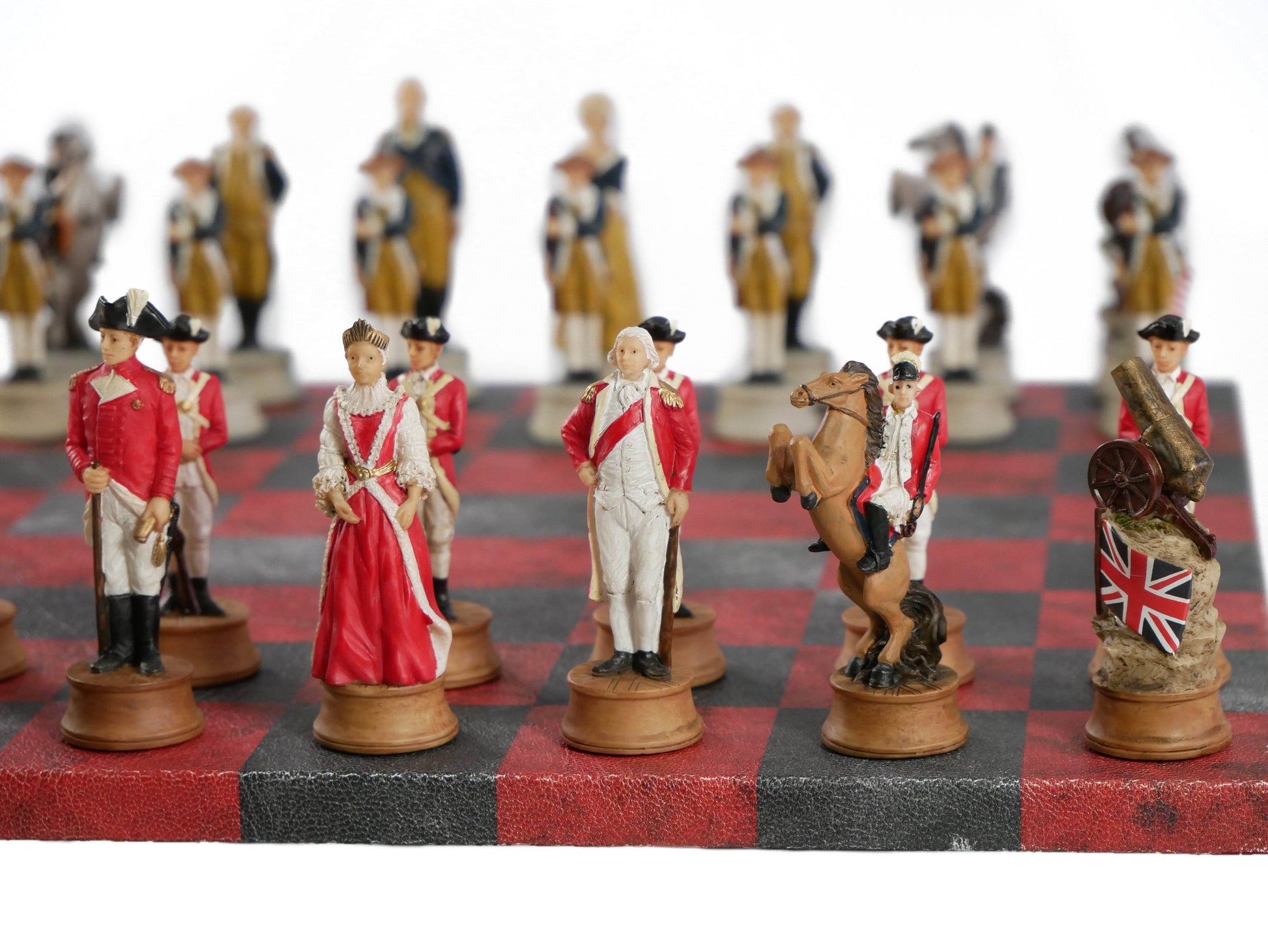 Chess Set - Painted Resin American Revolution Pieces on Red & Dusky Black Faux Leatherette Chess Board - 