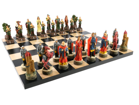 Chess Set -Robin Hood Resin Chessmen on Black/Maple Chess Board - 
