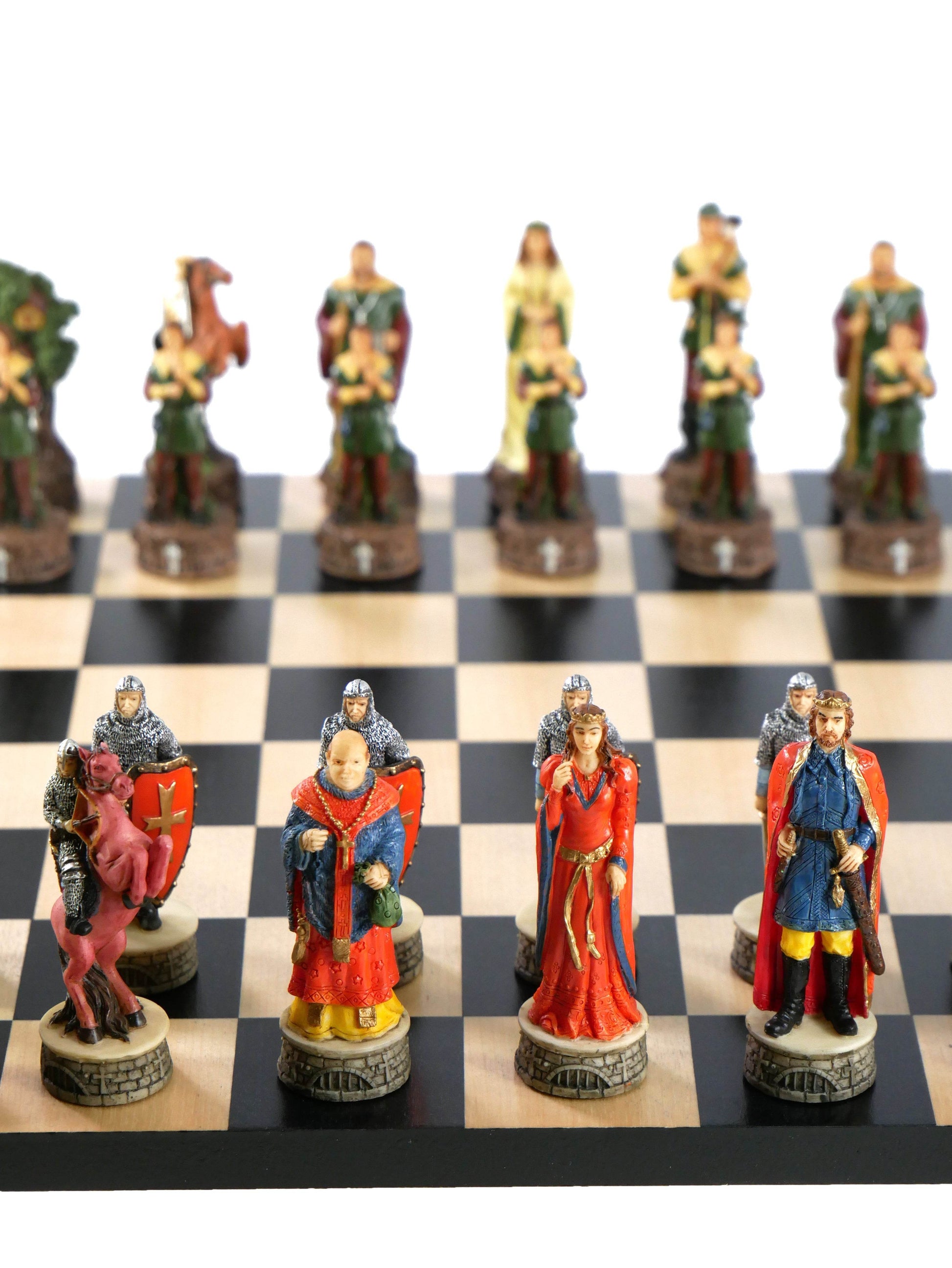 Chess Set -Robin Hood Resin Chessmen on Black/Maple Chess Board - 