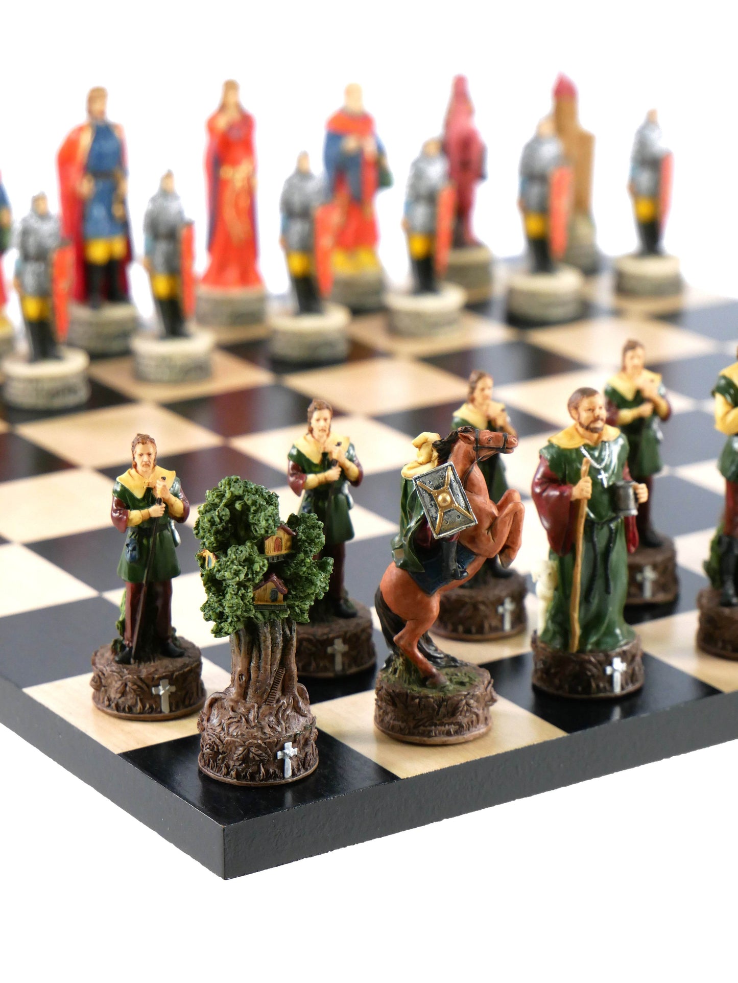 Chess Set -Robin Hood Resin Chessmen on Black/Maple Chess Board - 