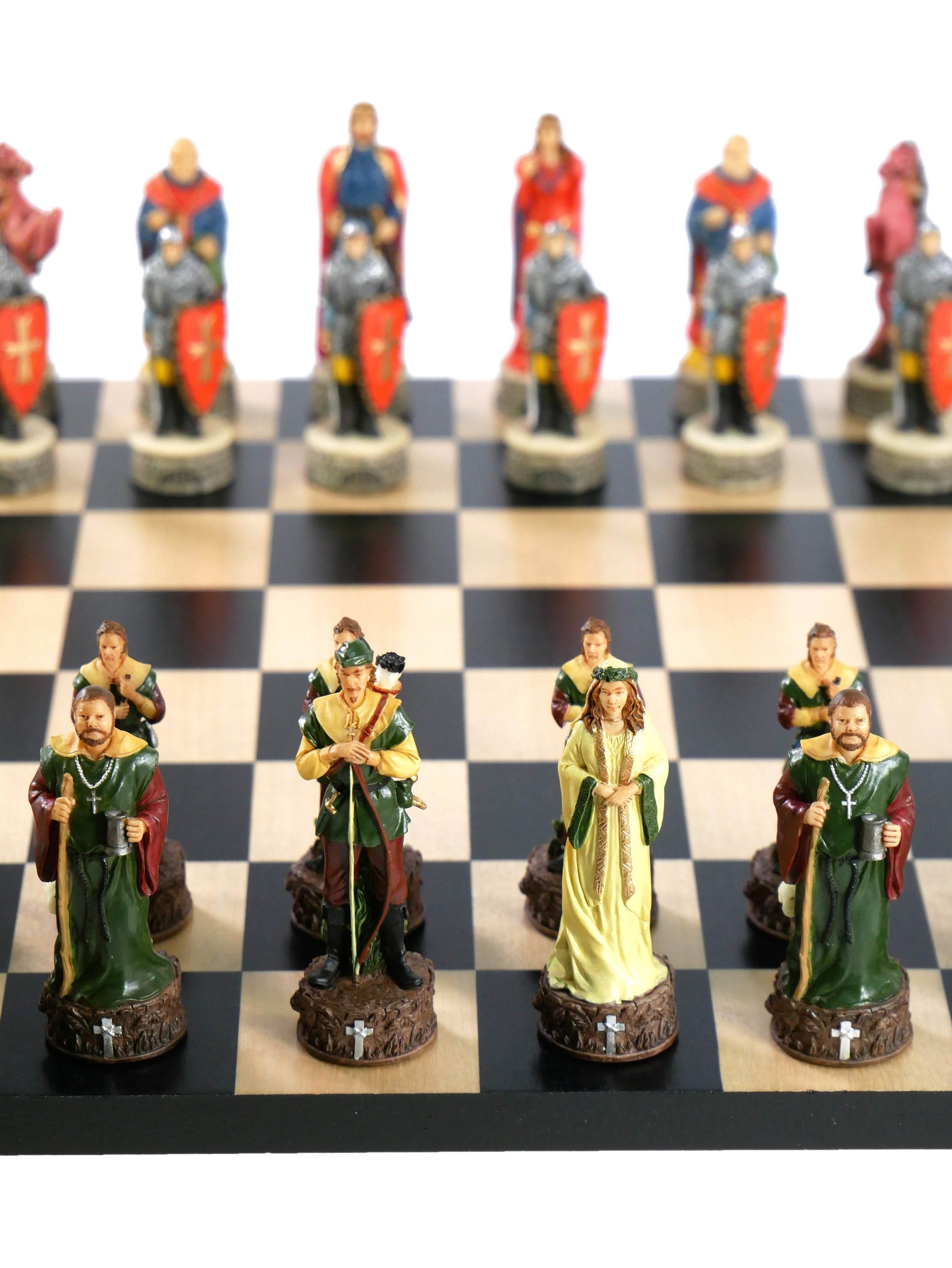 Chess Set -Robin Hood Resin Chessmen on Black/Maple Chess Board - 