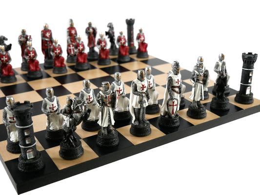 Chess Set - Crusades Resin Chessmen on Black/Maple Maple Chess Board - 