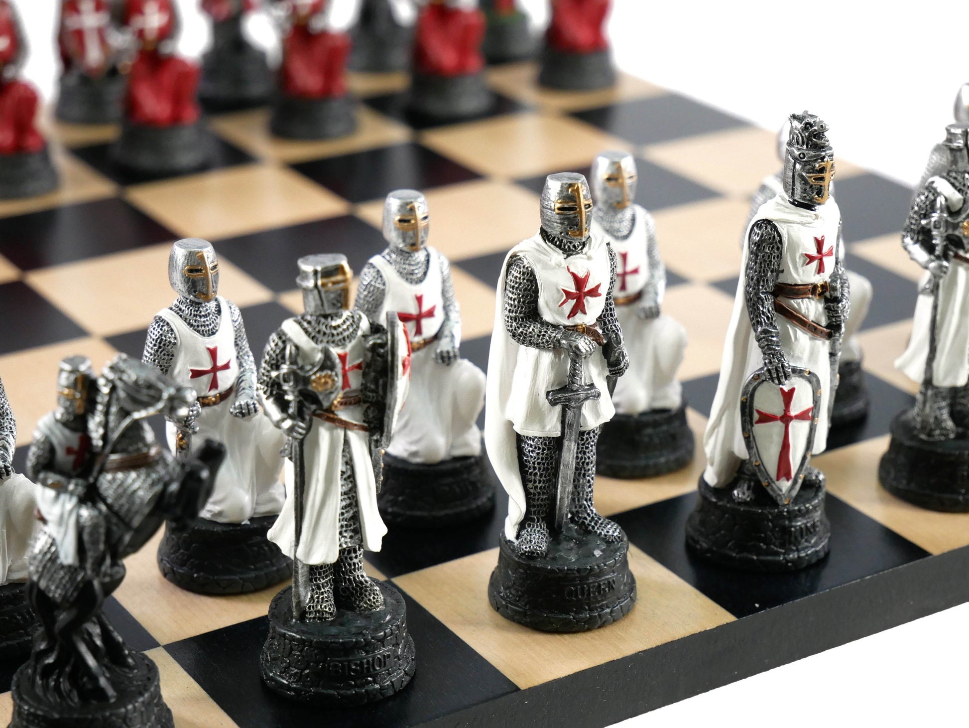 Chess Set - Crusades Resin Chessmen on Black/Maple Maple Chess Board - 