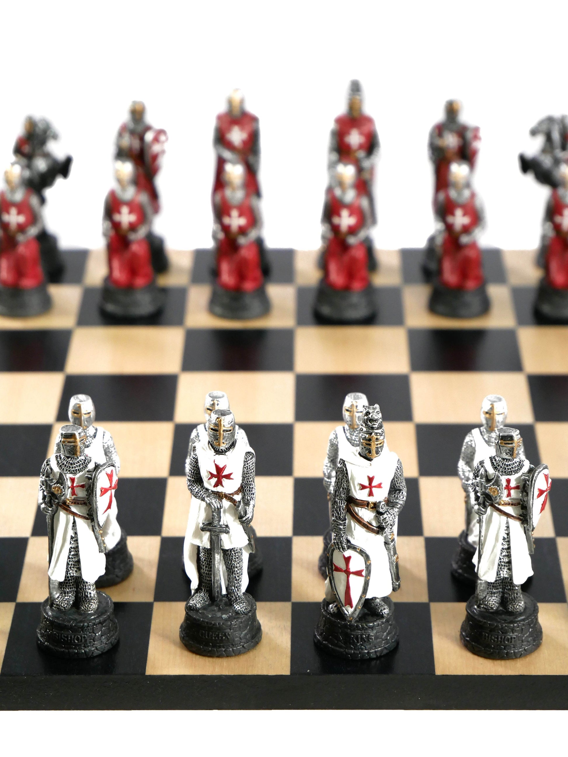 Chess Set - Crusades Resin Chessmen on Black/Maple Maple Chess Board - 