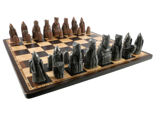 Chess Set- Metal Isle of Lewis Pieces on Ebony & Birdseye Maple Chess Board - 