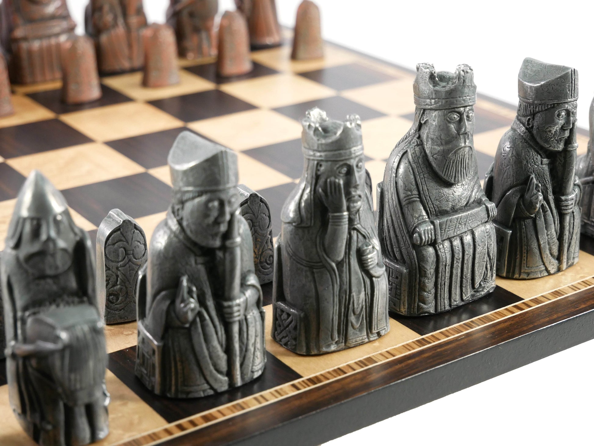 Chess Set- Metal Isle of Lewis Pieces on Ebony & Birdseye Maple Chess Board - 