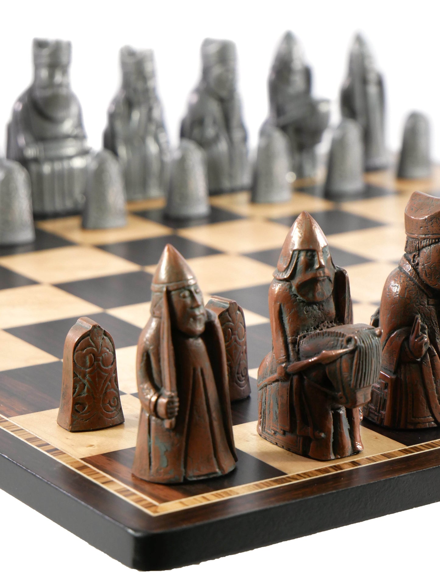 Chess Set- Metal Isle of Lewis Pieces on Ebony & Birdseye Maple Chess Board - 