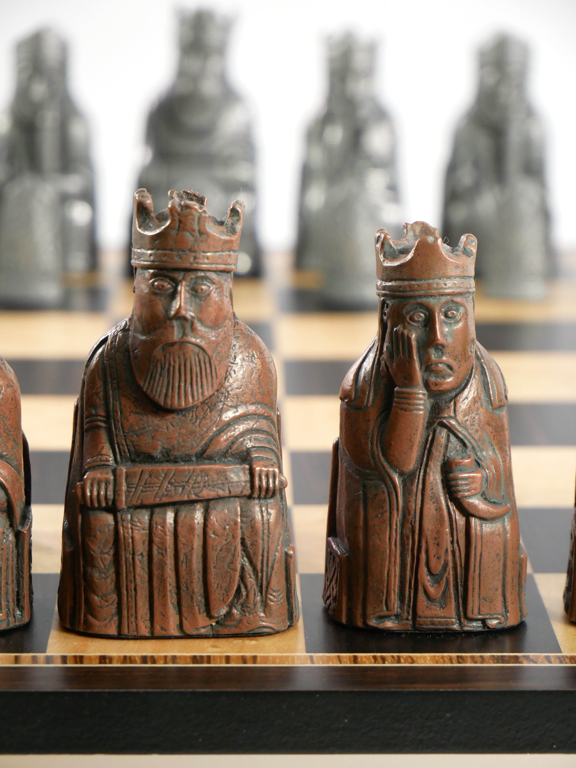 Chess Set- Metal Isle of Lewis Pieces on Ebony & Birdseye Maple Chess Board - 