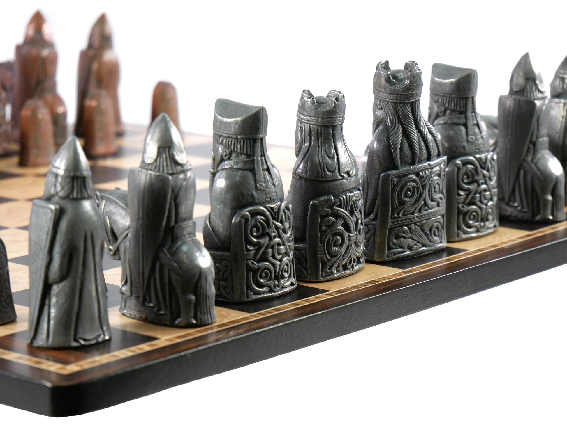 Chess Set- Metal Isle of Lewis Pieces on Ebony & Birdseye Maple Chess Board - 