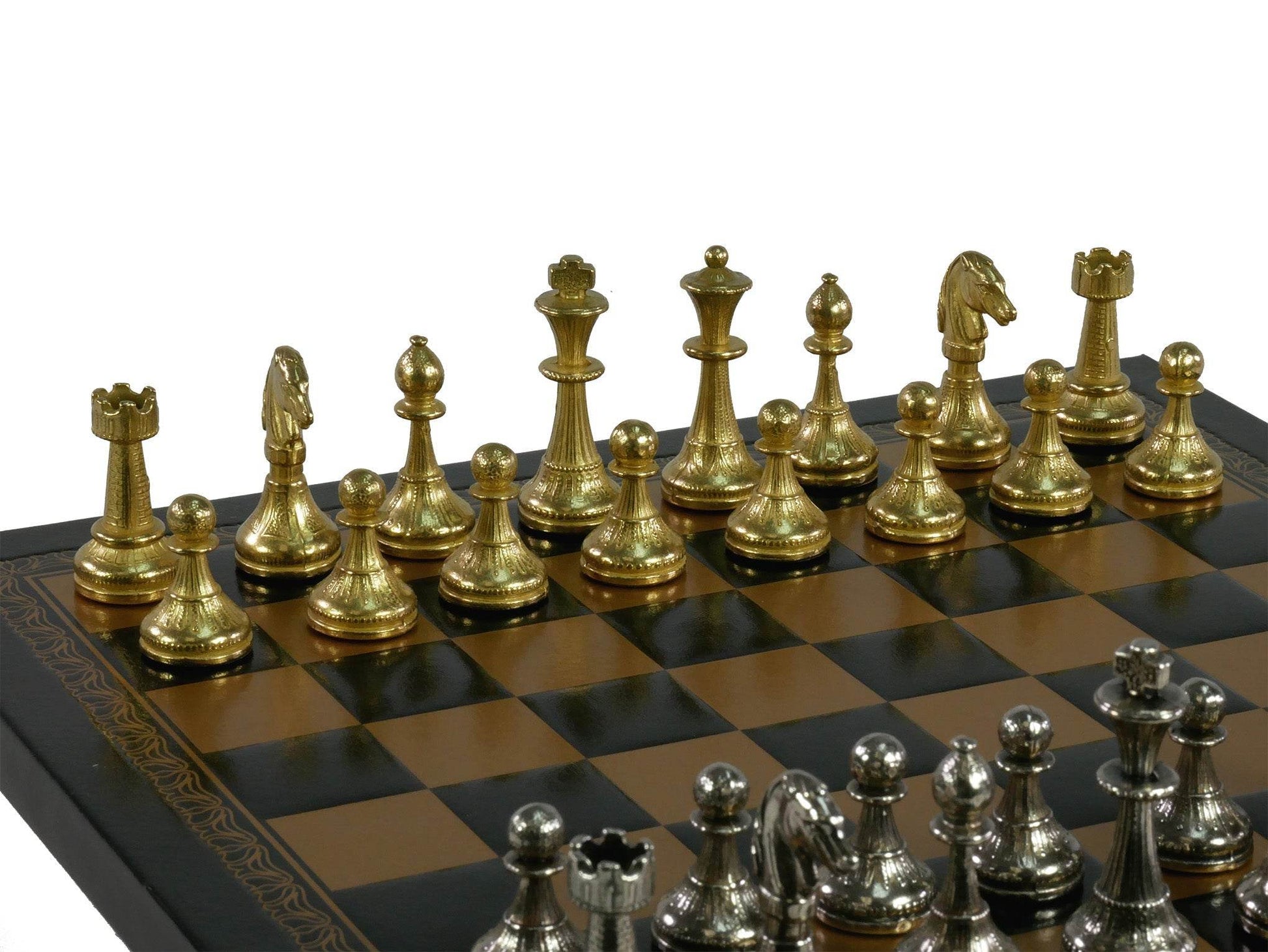 Chess Set - Small Staunton Metal Men on Leatherette Board - 