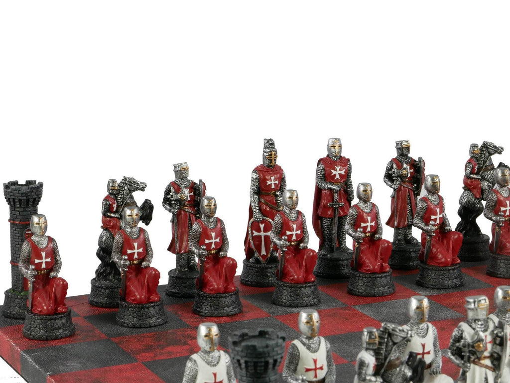 Chess Set - Resin Crusade IV Pieces on 14.5" Red & Dusky Black Faux Leather Board