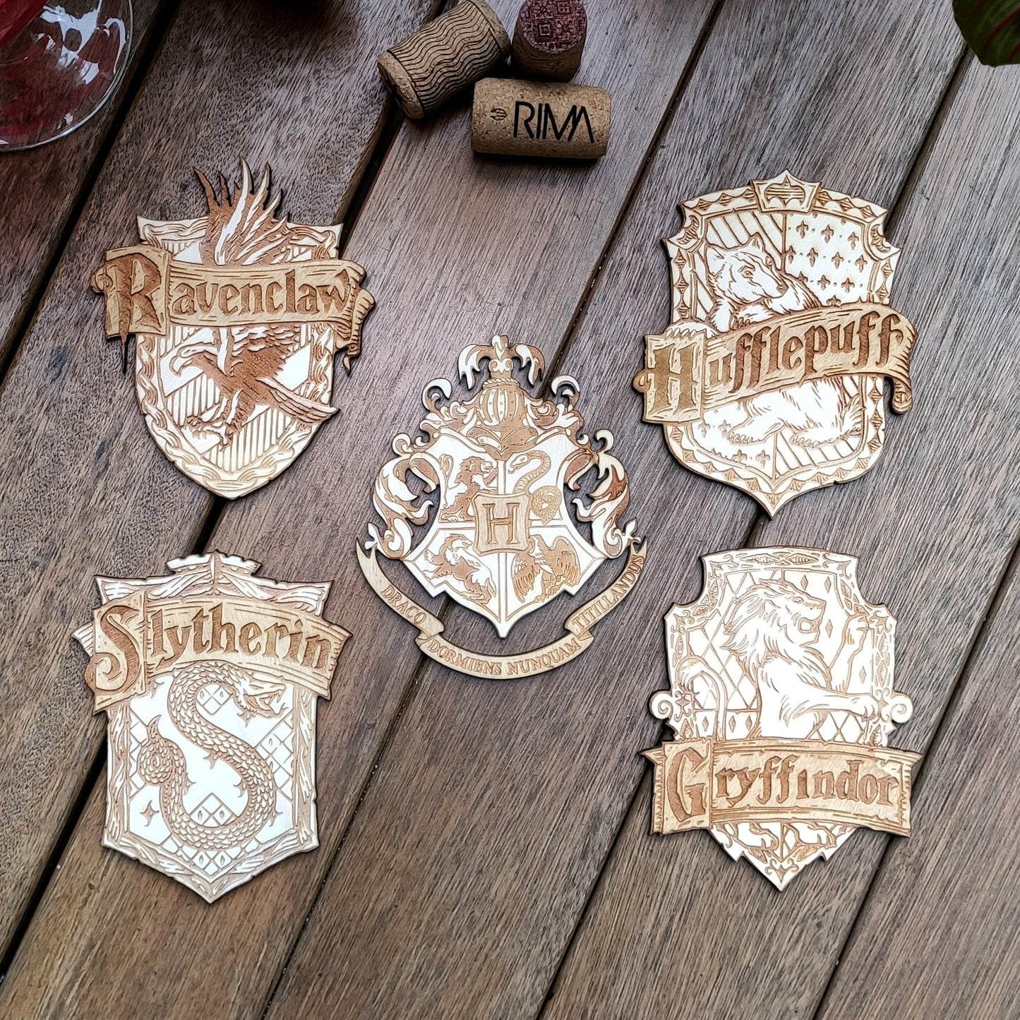 Set of 5 Harry Potter Wooden Coasters - Handmade Gift - Housewarming - Wood Kitchenware - Hogwarts Schools