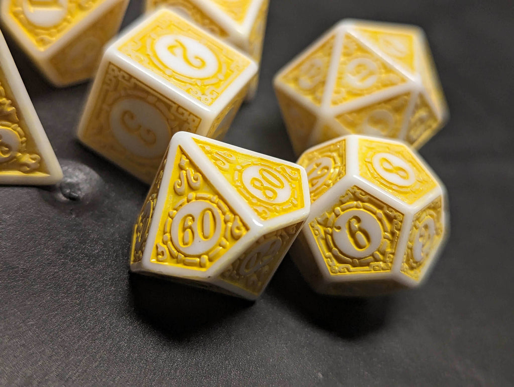 White & Yellow Magic Flame 7-Dice Set DND RPG Dice Yellow Color Fill - 