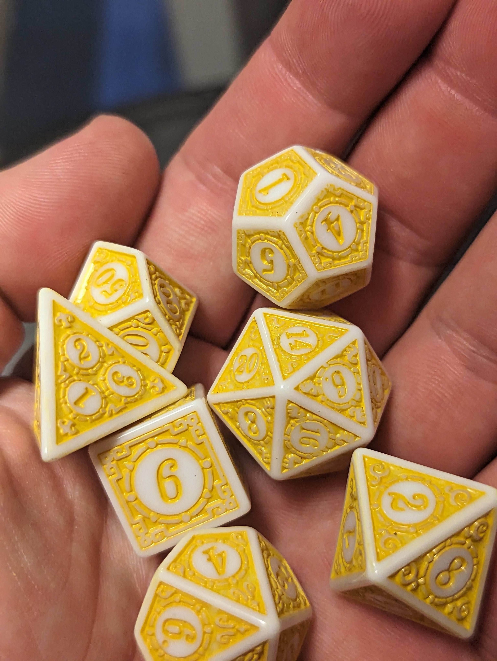 White & Yellow Magic Flame 7-Dice Set DND RPG Dice Yellow Color Fill - 