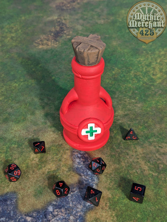 Health Potion 3D Printed Dice Jail | RPG Dice Vault | D20 Storage Box | Player Gift - Guard Dice with Healing Magic! - Black / Yes- Include Random Dice Set