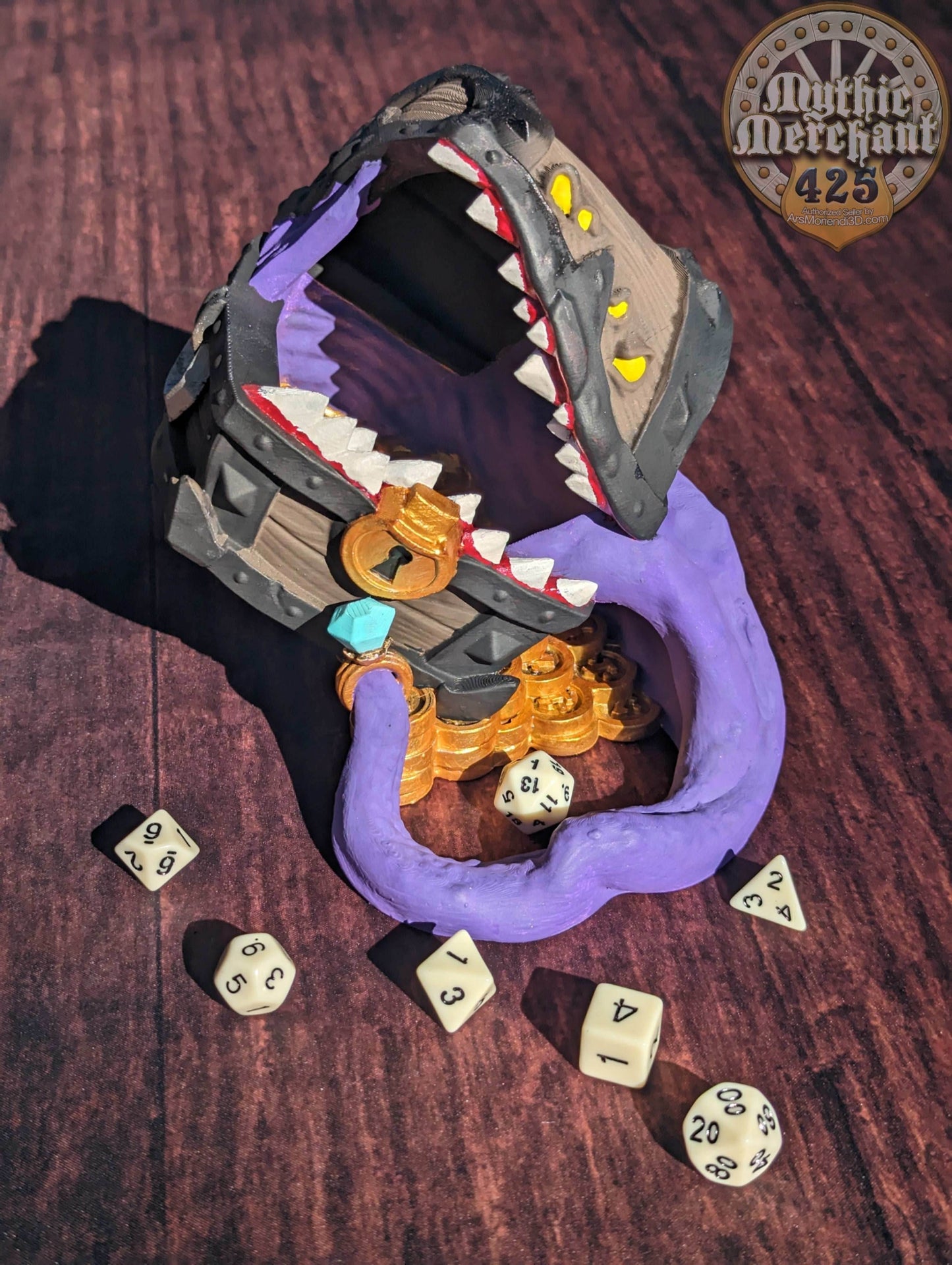 Mimic Treasure Chest 3D Printed Dice Tower - Mythic Mugs Collection by Ars Moriendi 3D| Dice Tray | D20 Dice Vault - Unleash the Mimic Magic - Black / Yes- Include Random Dice Set
