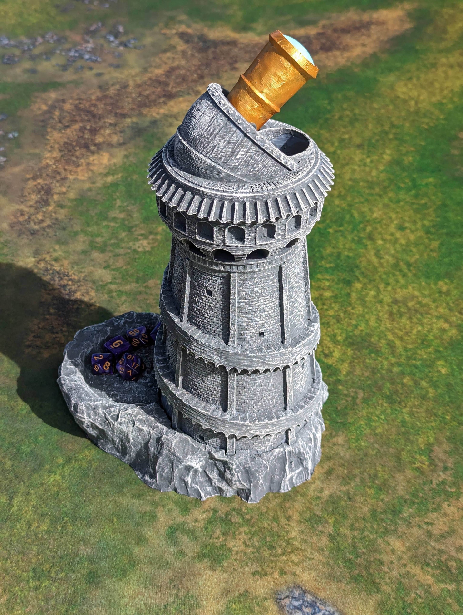 Explorer's Observatory 3D Printed Dice Tower - Mythic Roll - Unchained Games - Gazing into the stars! - Black / Yes- Include Random Dice Set