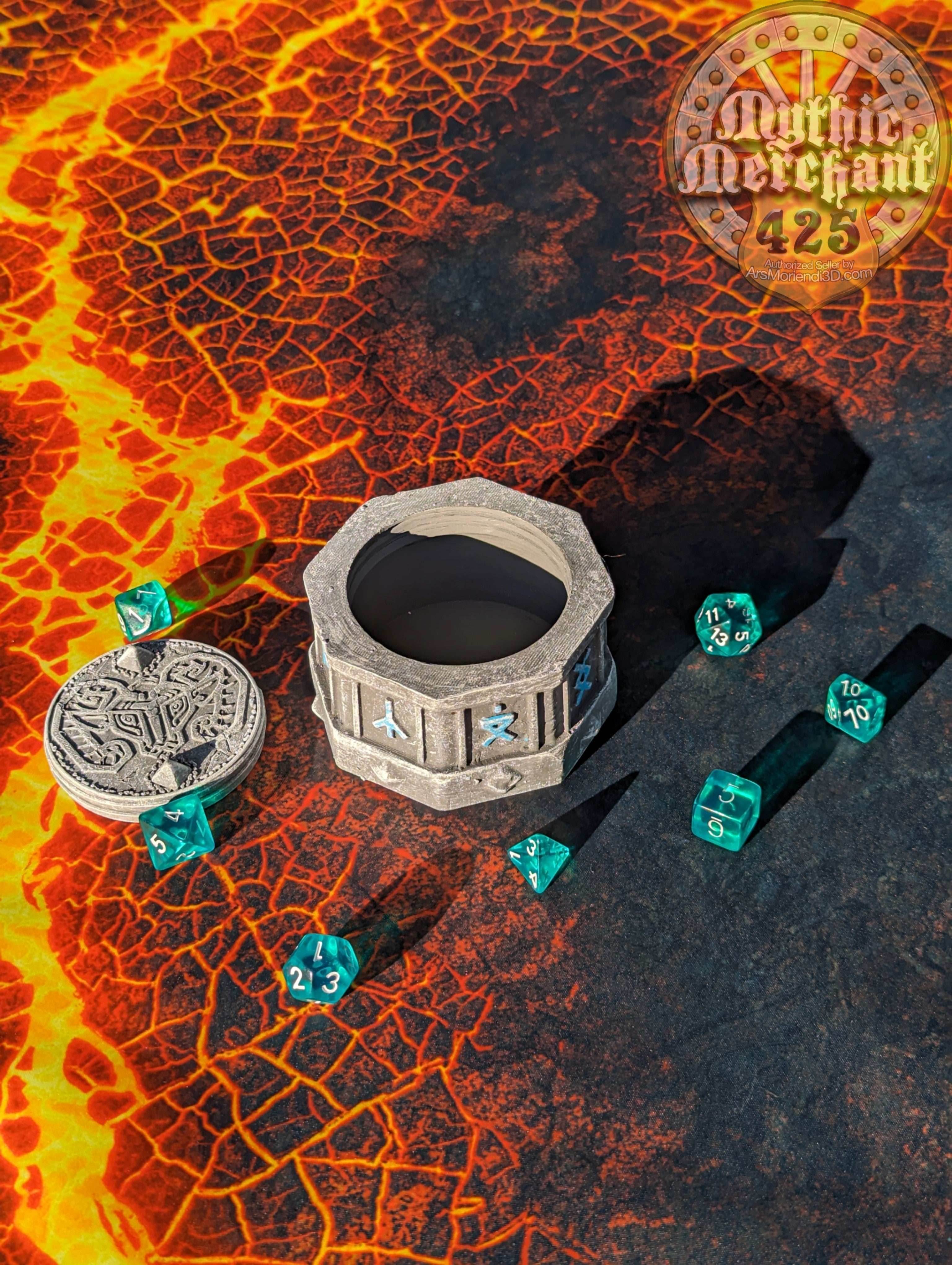 Dwarven 3D Printed Dice Vault | Dice Jail | DnD Can Holder | Table Coaster | Mythic Mugs Collection by Ars Moriendi 3D- Forge Your Destiny! - Black / Yes- Include Random Dice Set